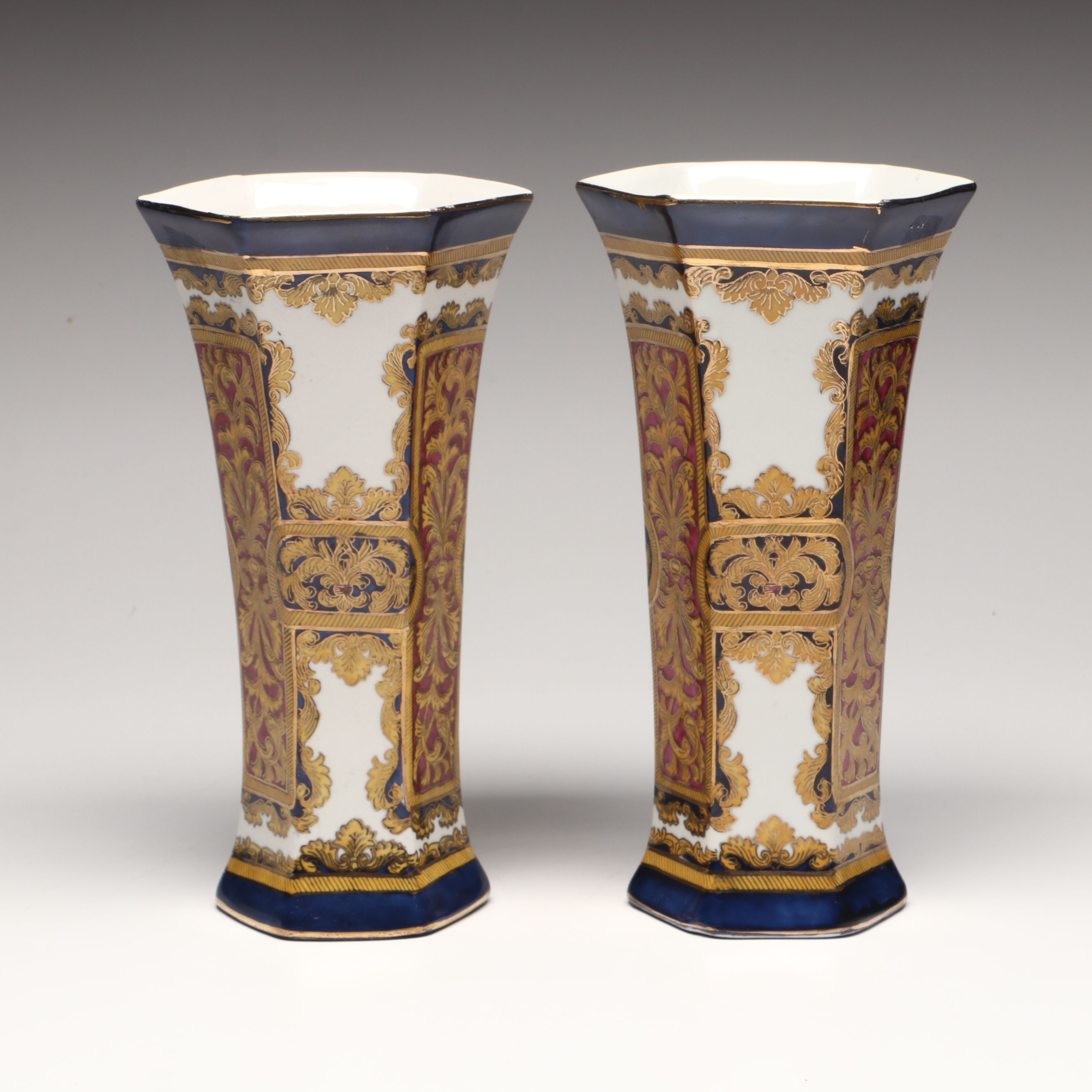 Pair of Andrea by Sadek Hexagonal Gilt Porcelain Vases, Mid to Late 20th Century