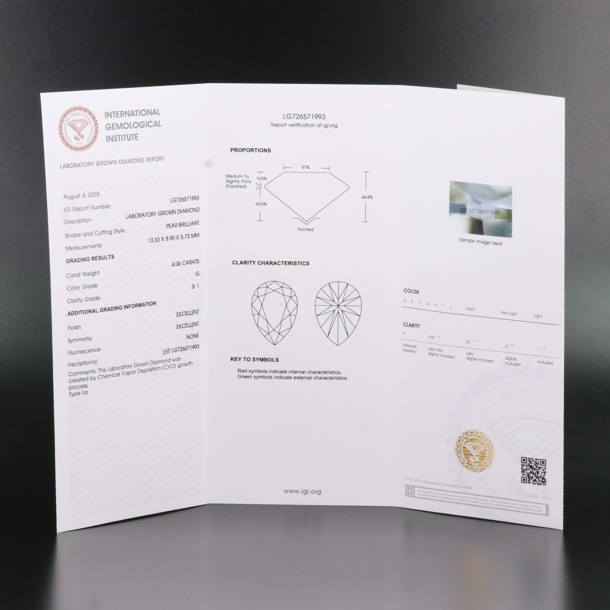 Loose 4.06 CT Lab Grown Diamond with IGI Report