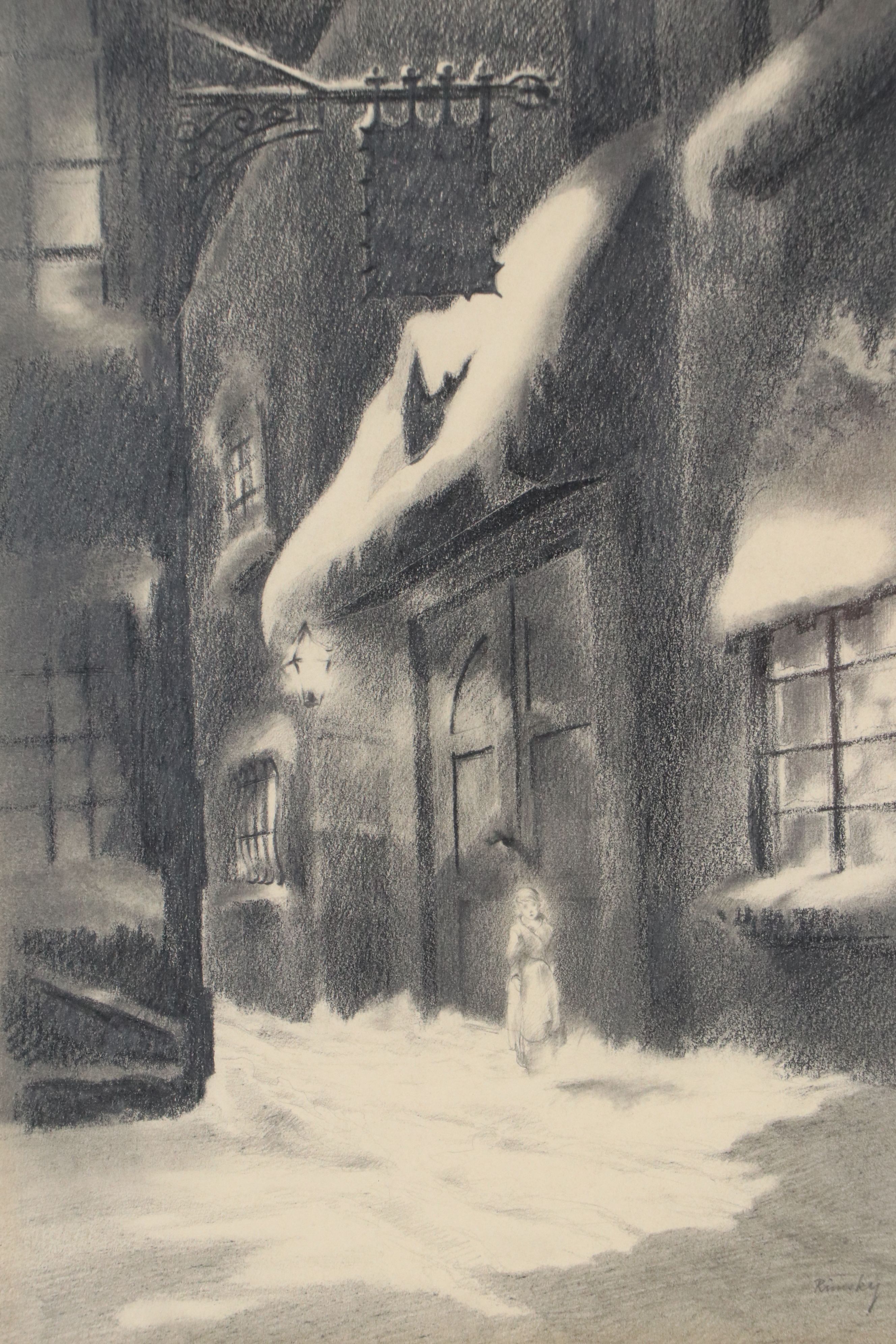 Feodor Rimsky Street Scene Graphite Drawing with Woman, 20th Century