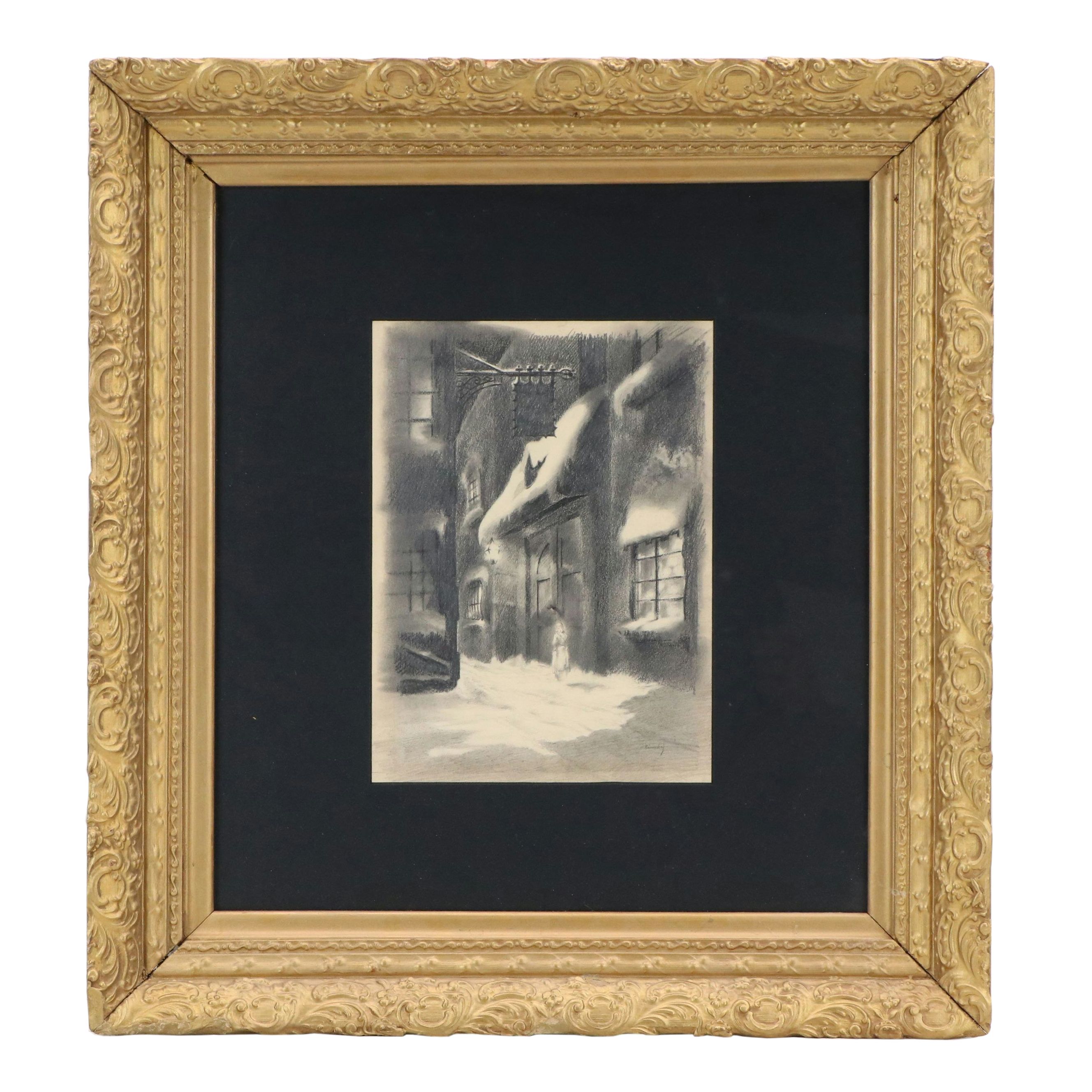 Feodor Rimsky Street Scene Graphite Drawing with Woman, 20th Century