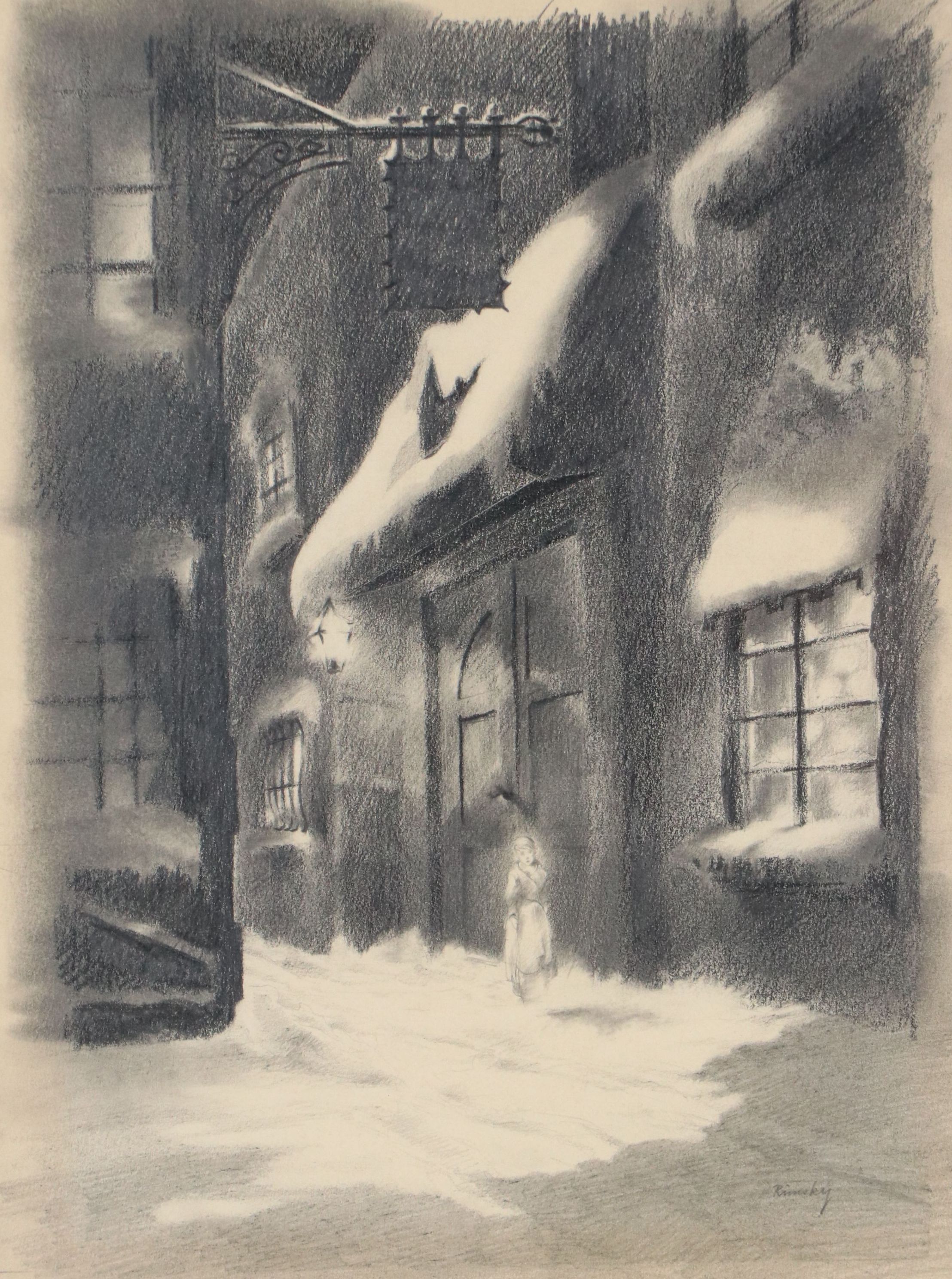 Feodor Rimsky Street Scene Graphite Drawing with Woman, 20th Century