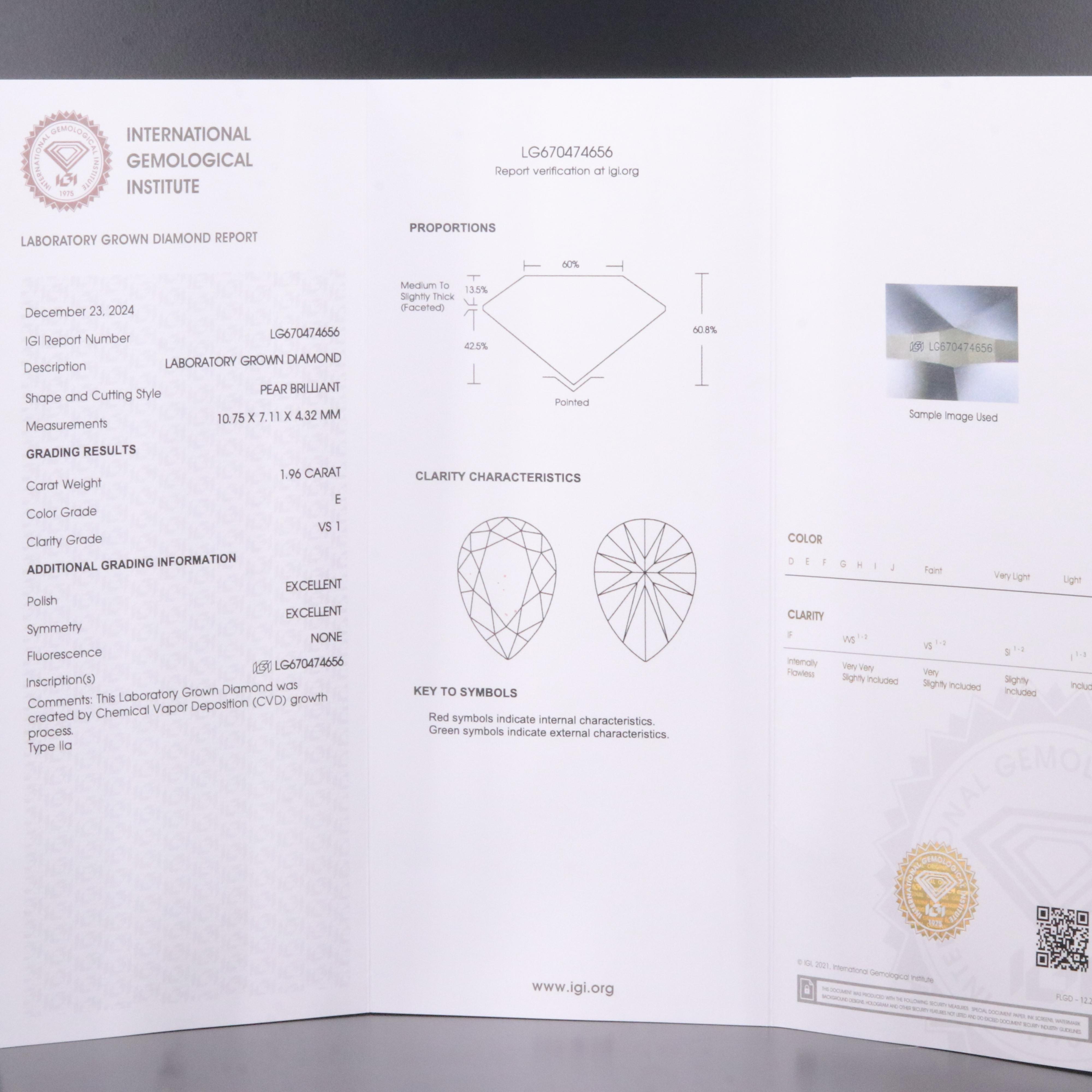 Loose 1.96 CT Lab Grown Diamond with IGI Report