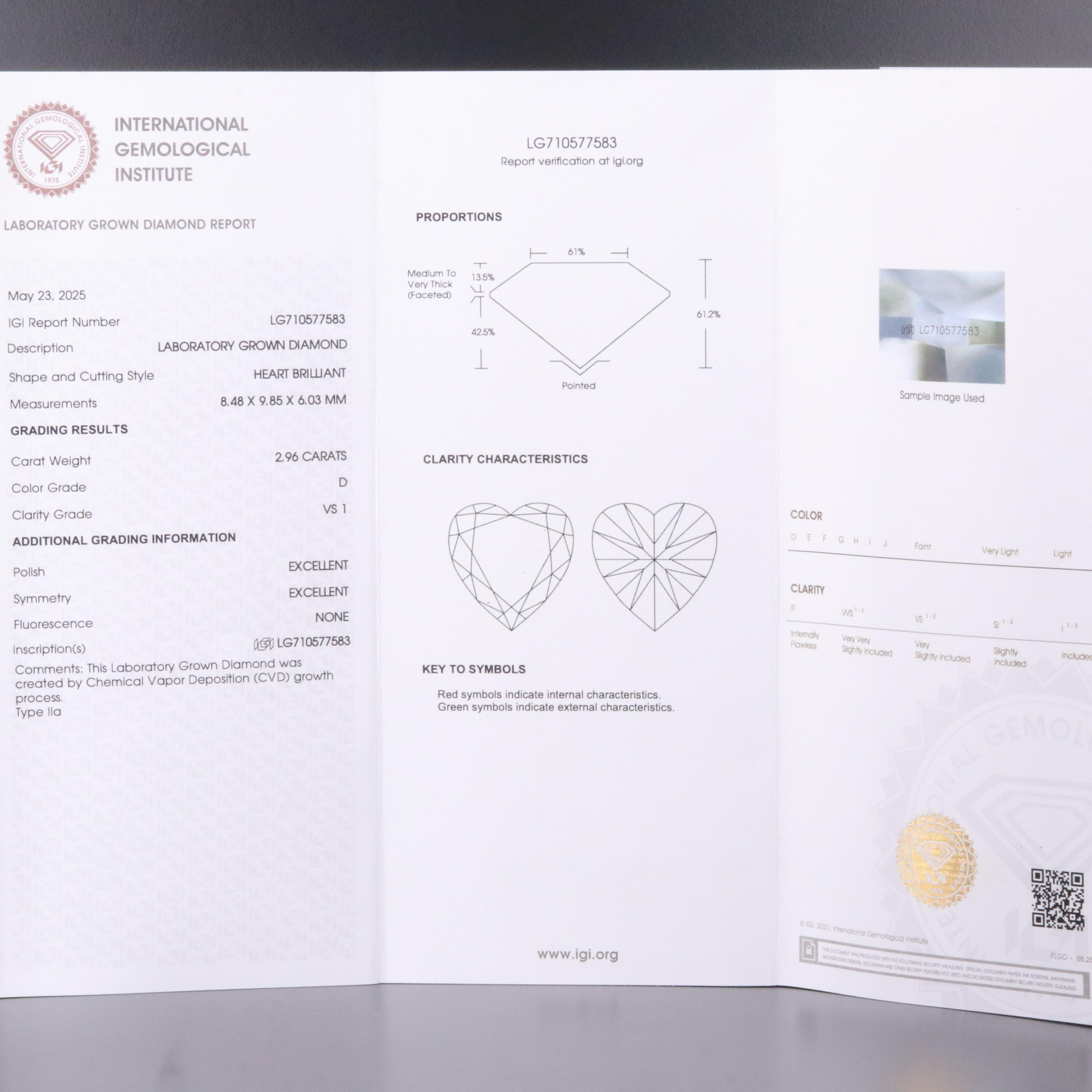 Loose 2.96 CT Lab Grown Diamond with IGI Report