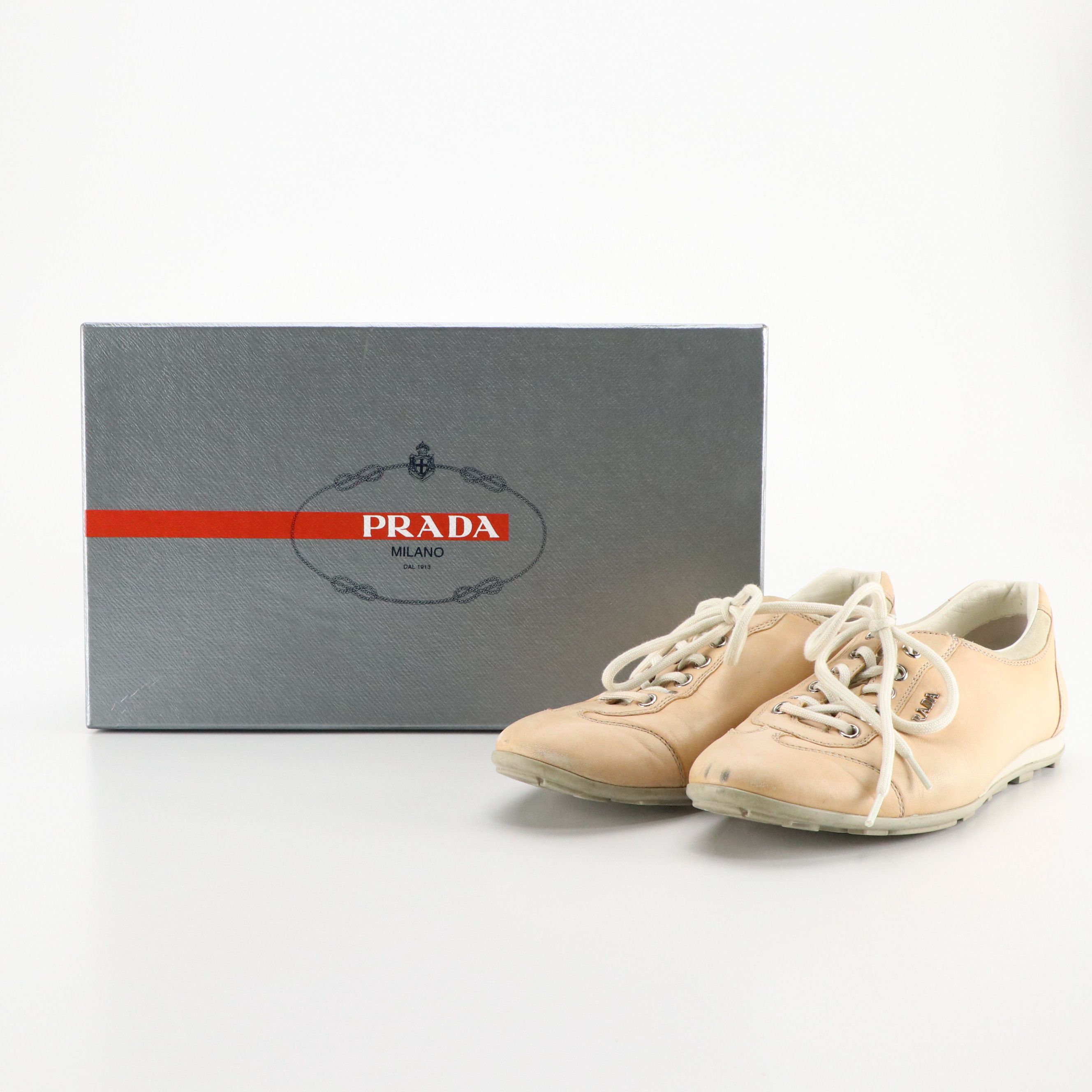 Prada Sport Lambskin Leather and Suede Lace-Up Sneakers