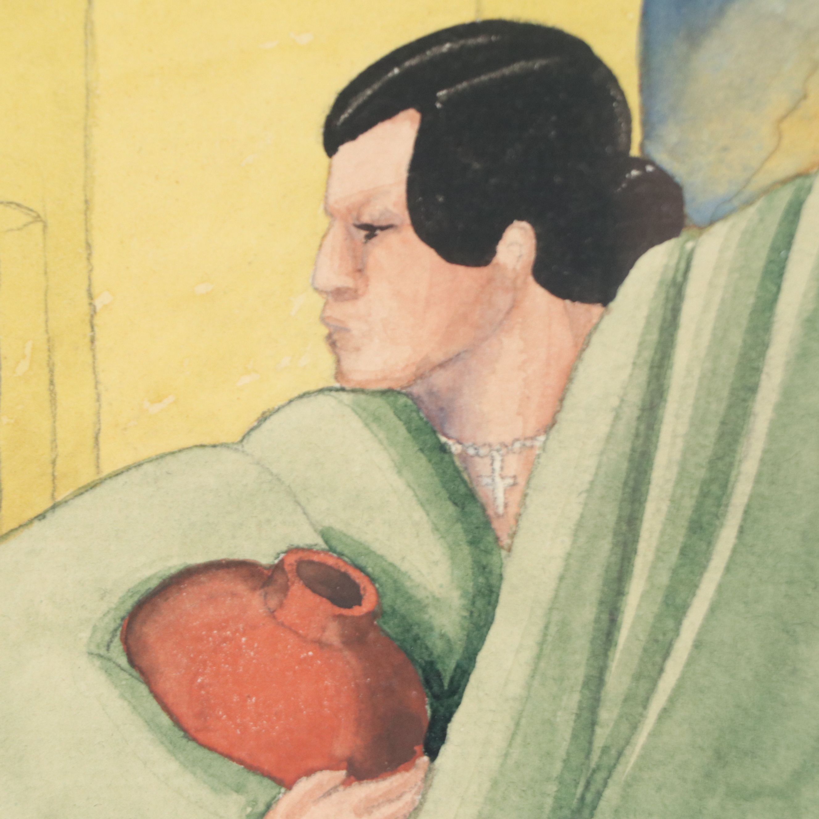 Gustave Hildebrand Watercolor Painting of Figure Holding Vase, 20th Century