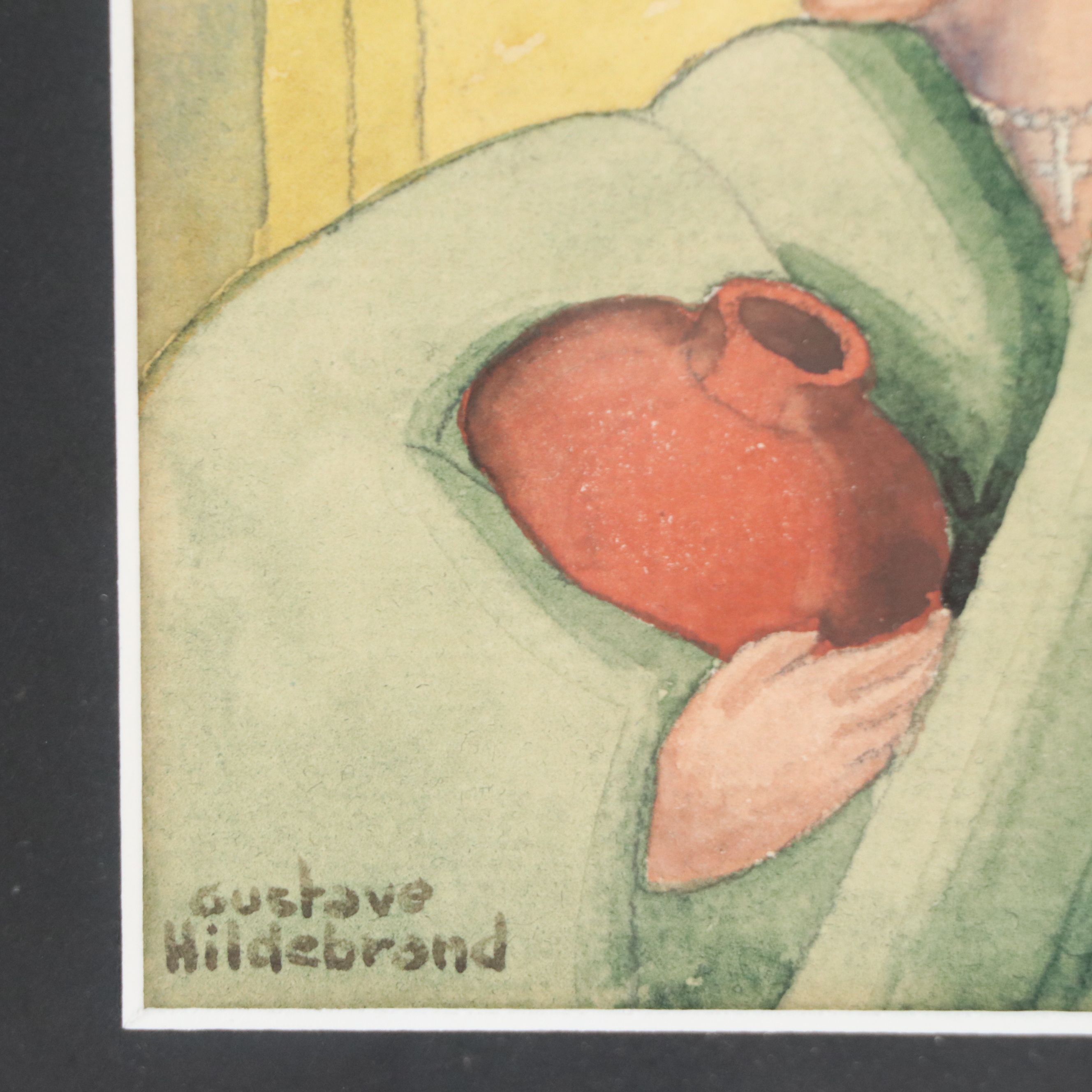 Gustave Hildebrand Watercolor Painting of Figure Holding Vase, 20th Century