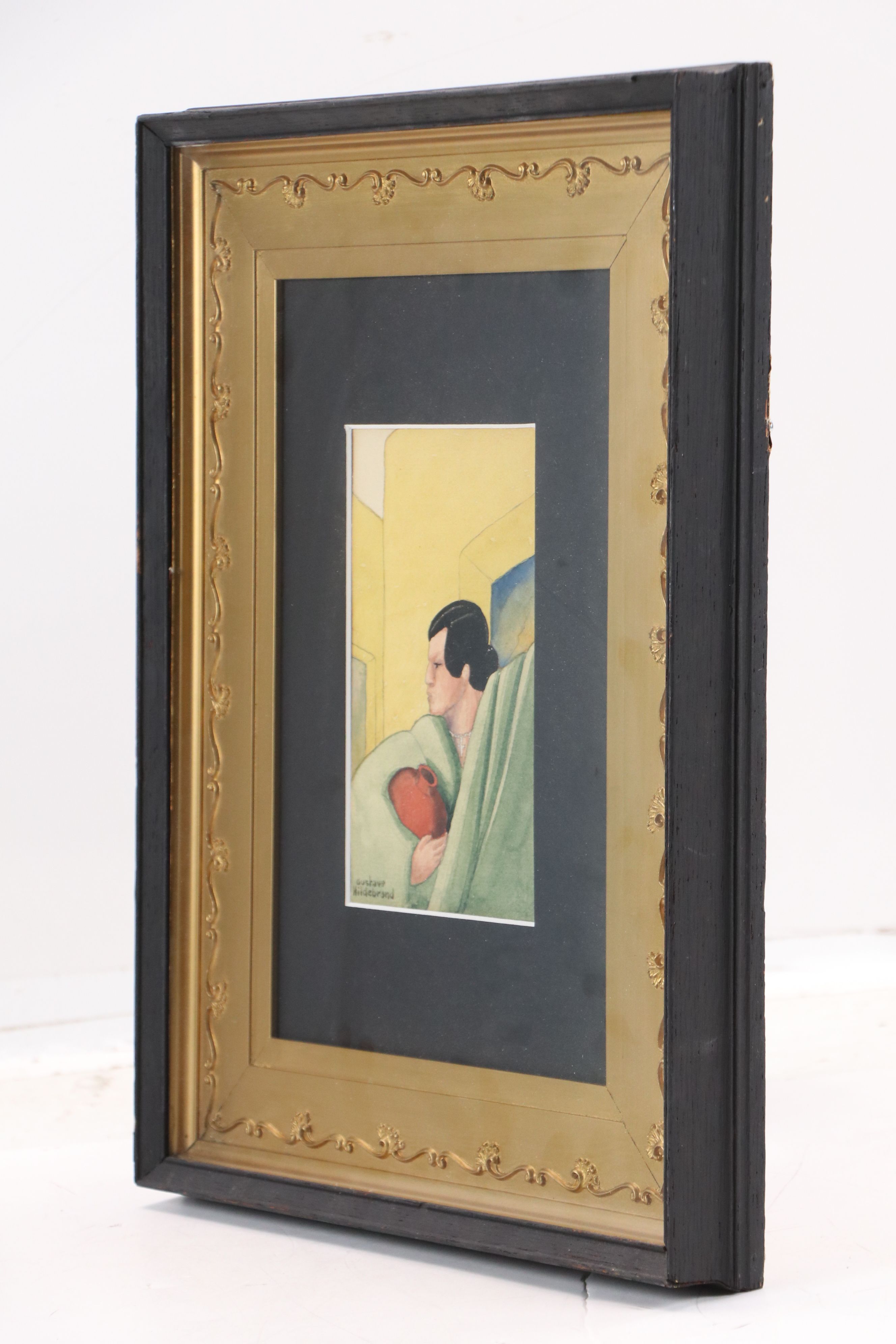 Gustave Hildebrand Watercolor Painting of Figure Holding Vase, 20th Century