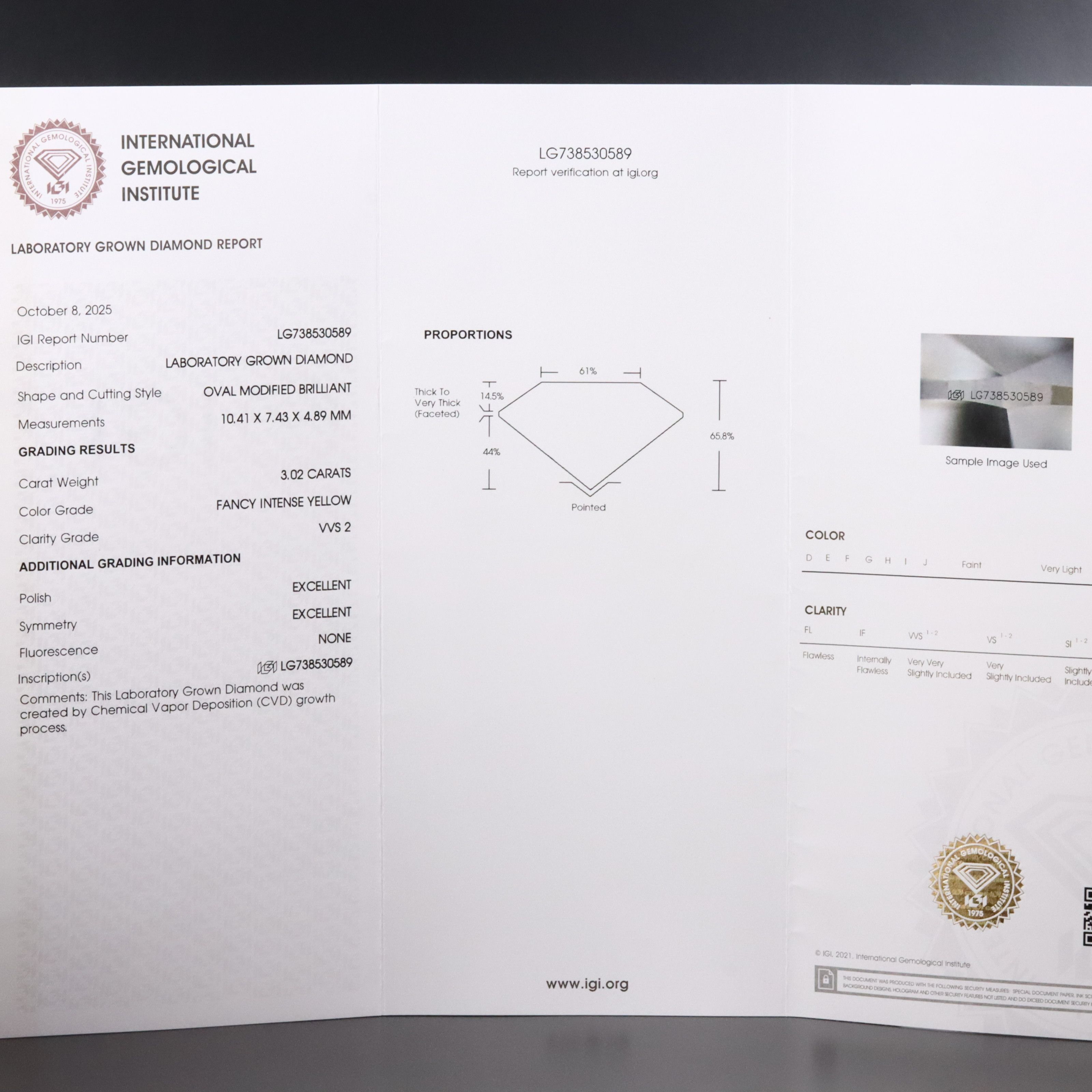 18K 3.56 CTW Lab Grown Diamond Ring w/ Fancy Intense Yellow Center & IGI Report