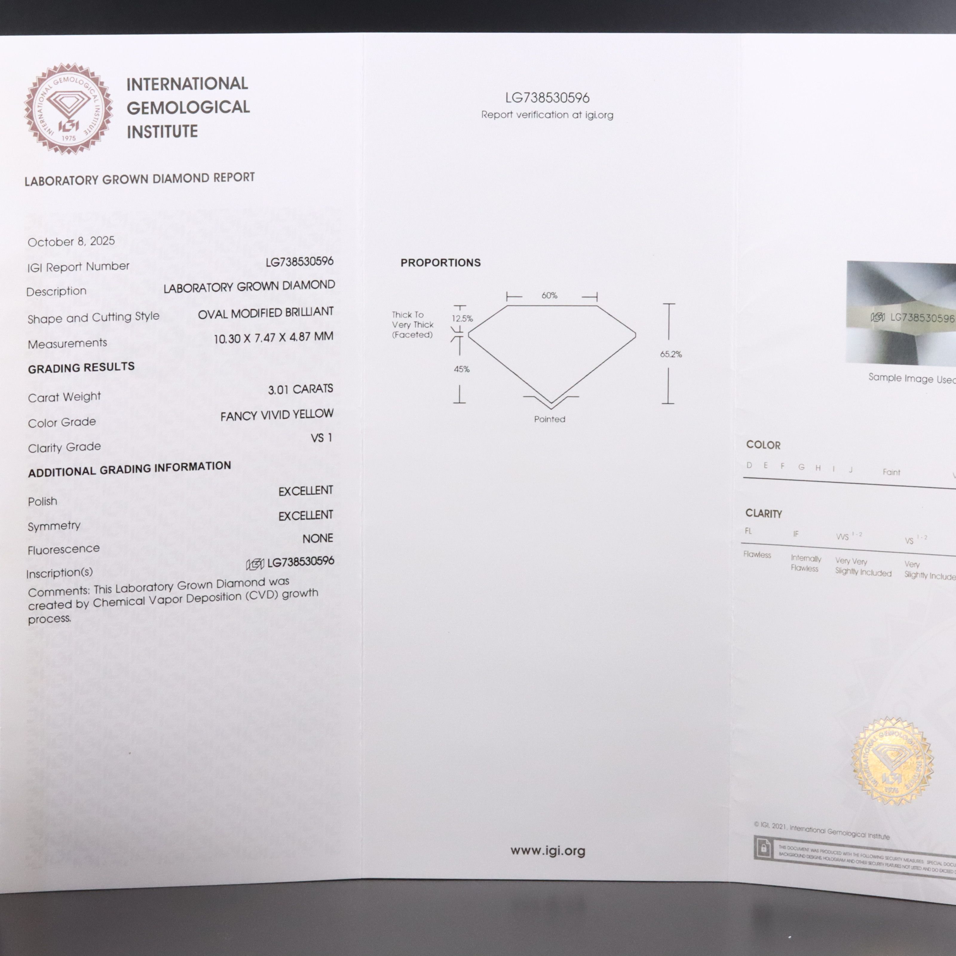 18K 3.32 CTW Lab Grown Diamond Ring with Fancy Vivid Yellow Center & IGI Report