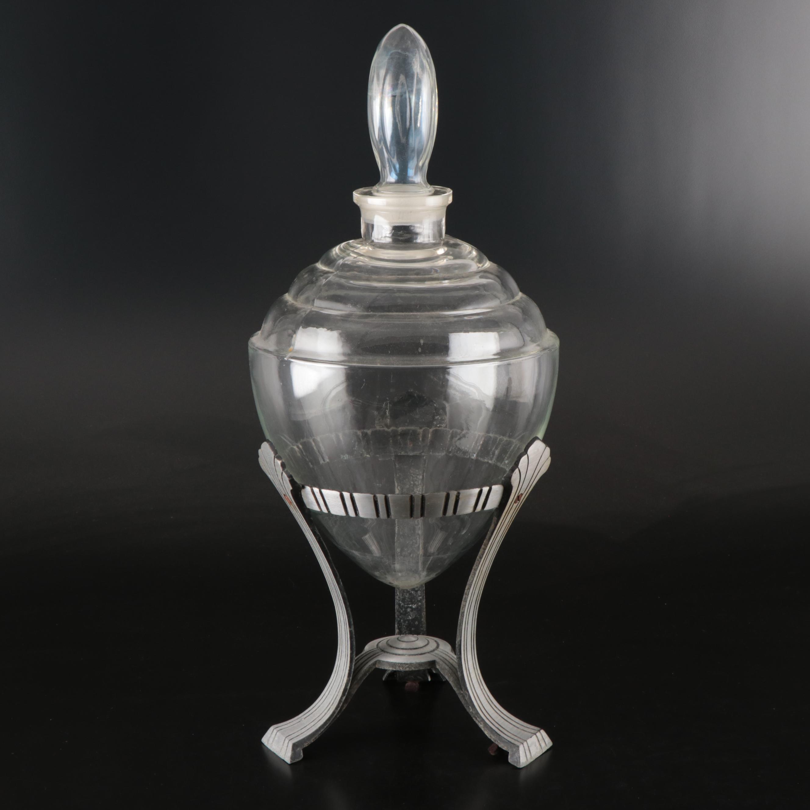Art Deco Apothecary Show Jar in Metal Tri-Footed Stand, Early 20th Century