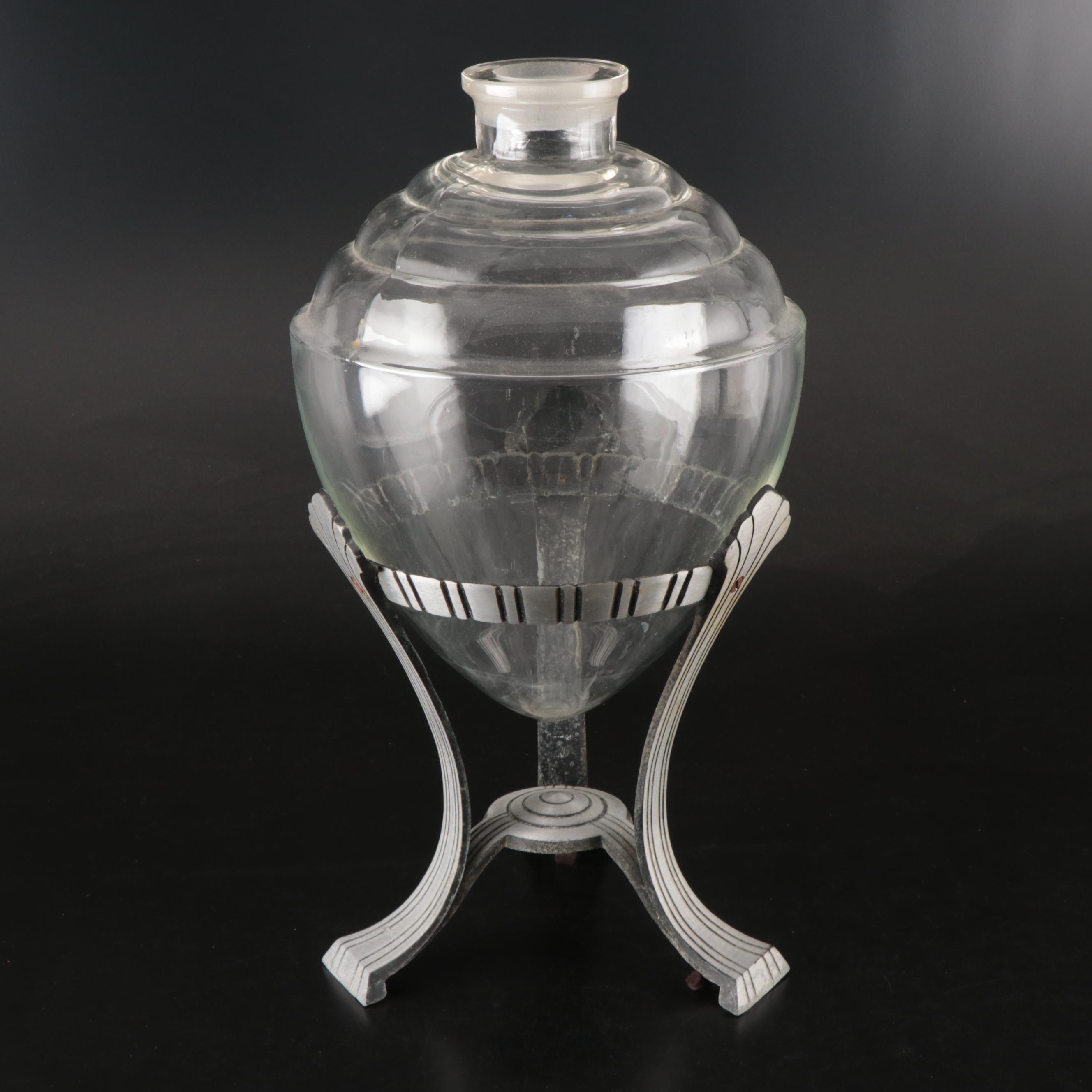 Art Deco Apothecary Show Jar in Metal Tri-Footed Stand, Early 20th Century