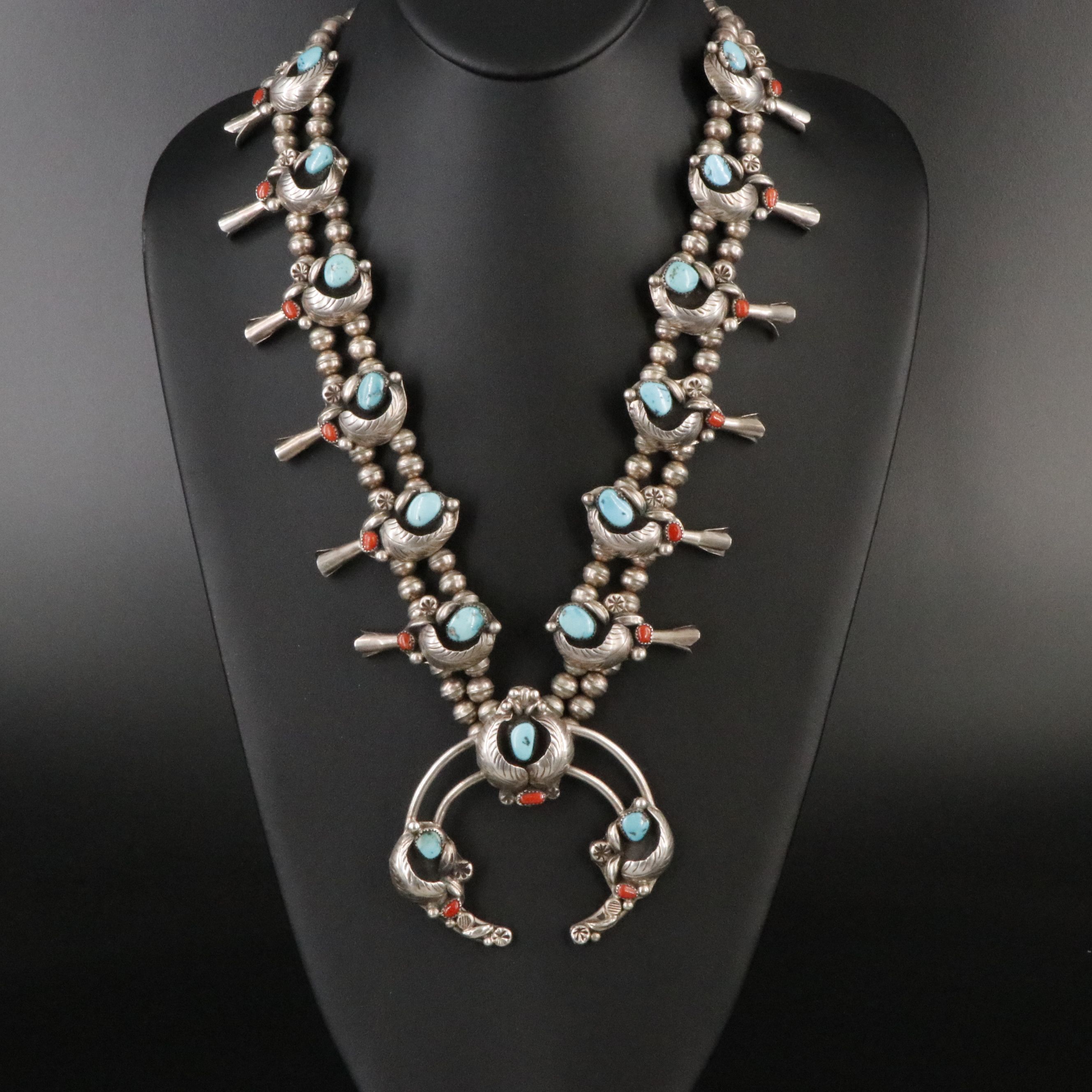 Raymond Etsitty Navajo Diné Sterling Turquoise and Coral Squash Blossom Necklace