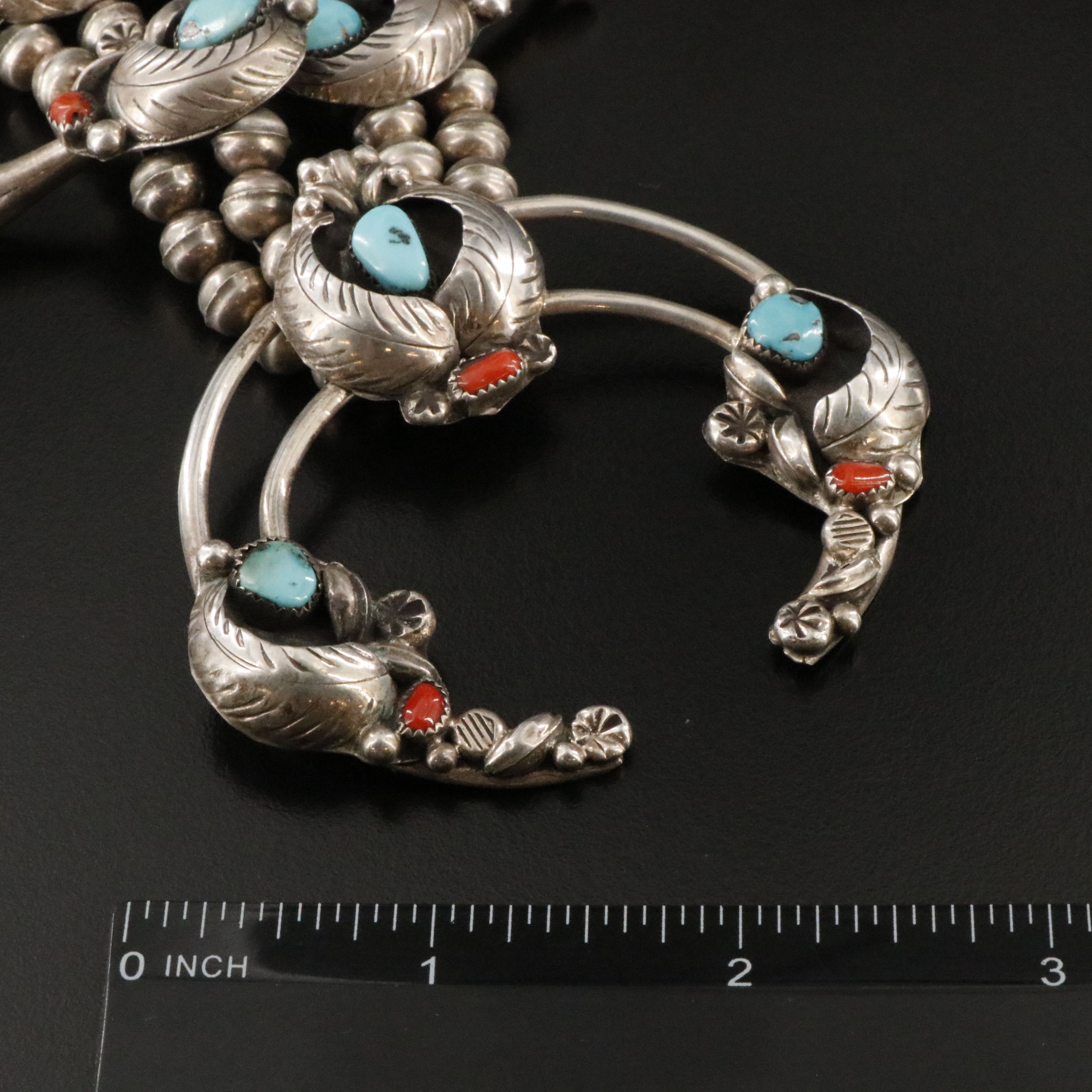 Raymond Etsitty Navajo Diné Sterling Turquoise and Coral Squash Blossom Necklace