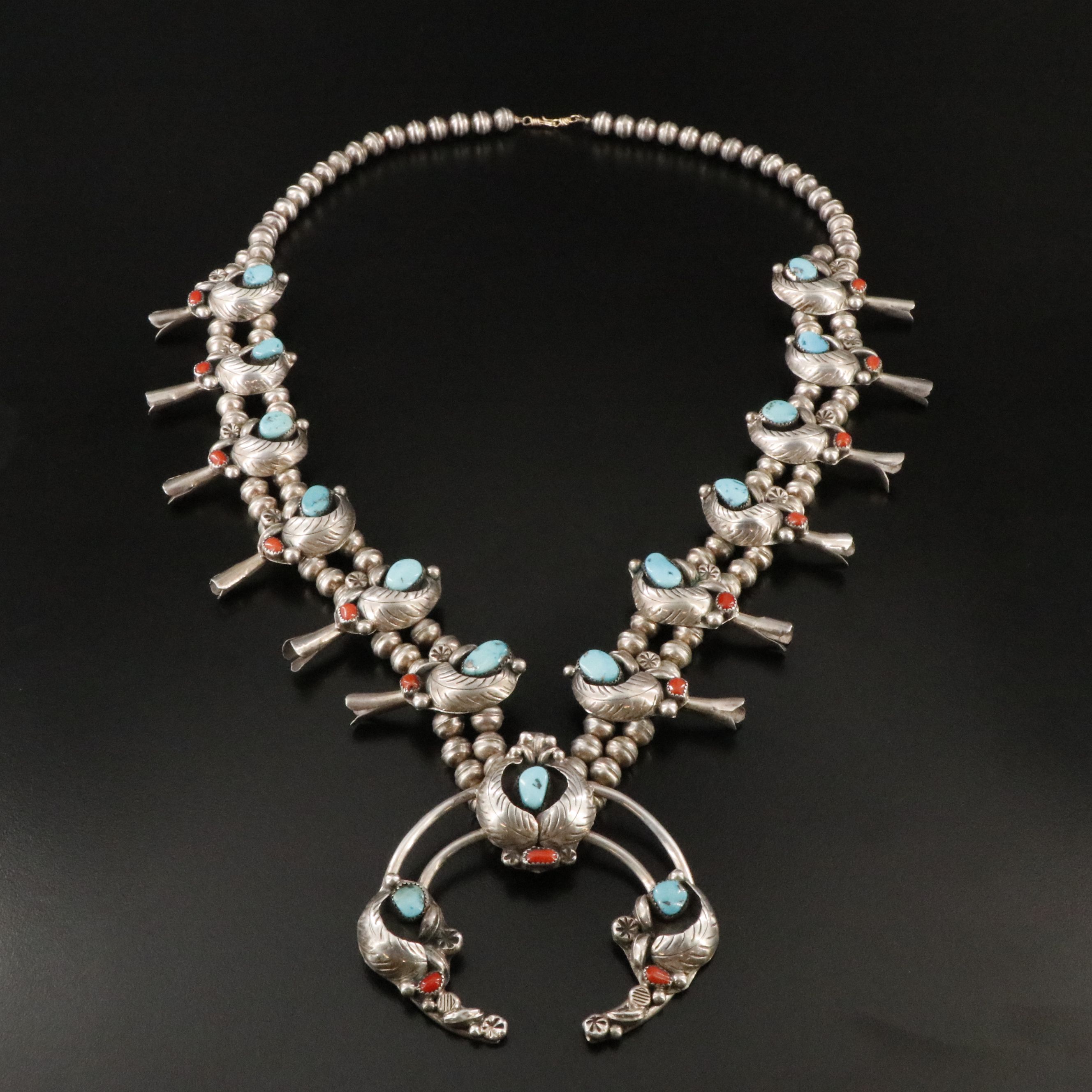 Raymond Etsitty Navajo Diné Sterling Turquoise and Coral Squash Blossom Necklace