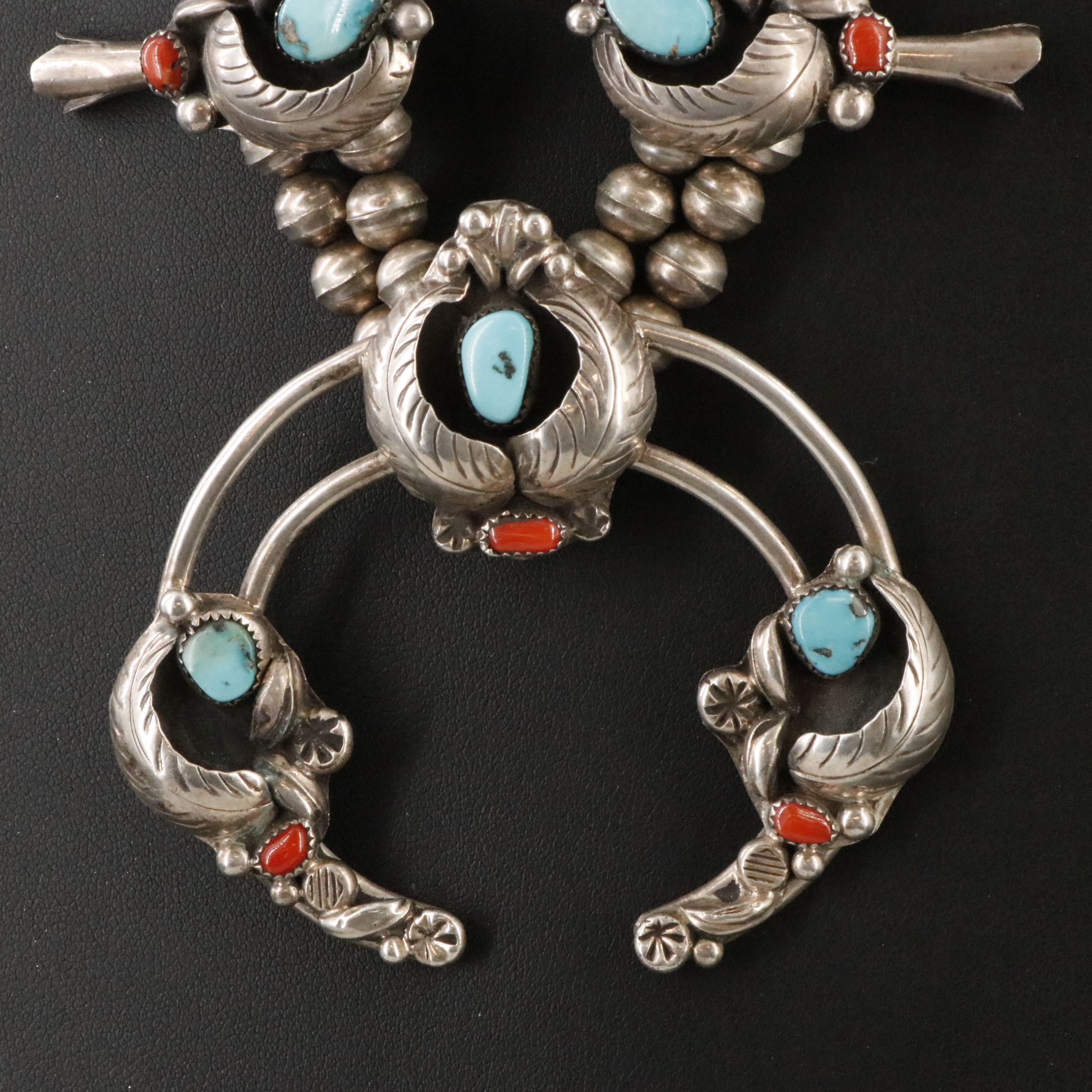 Raymond Etsitty Navajo Diné Sterling Turquoise and Coral Squash Blossom Necklace