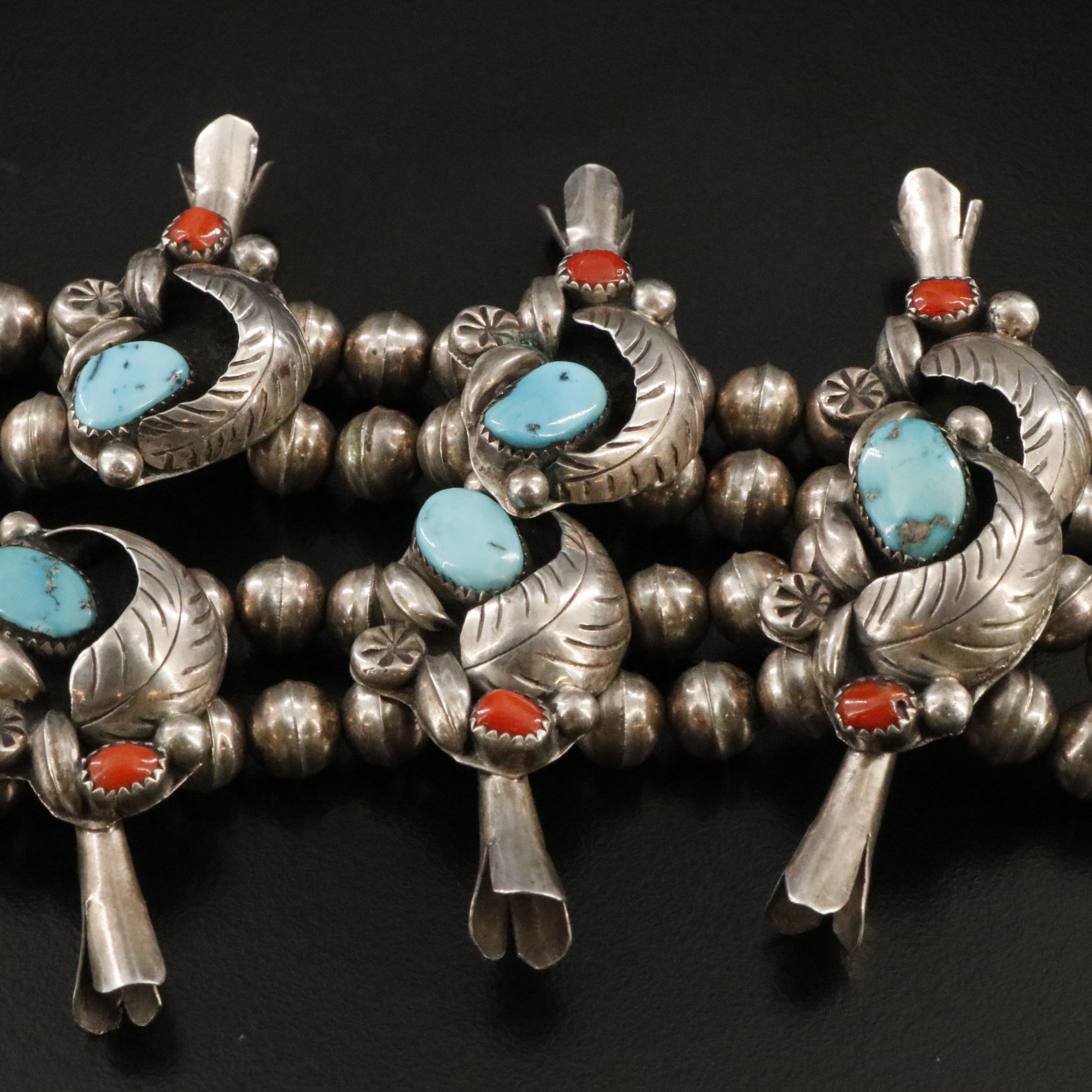 Raymond Etsitty Navajo Diné Sterling Turquoise and Coral Squash Blossom Necklace