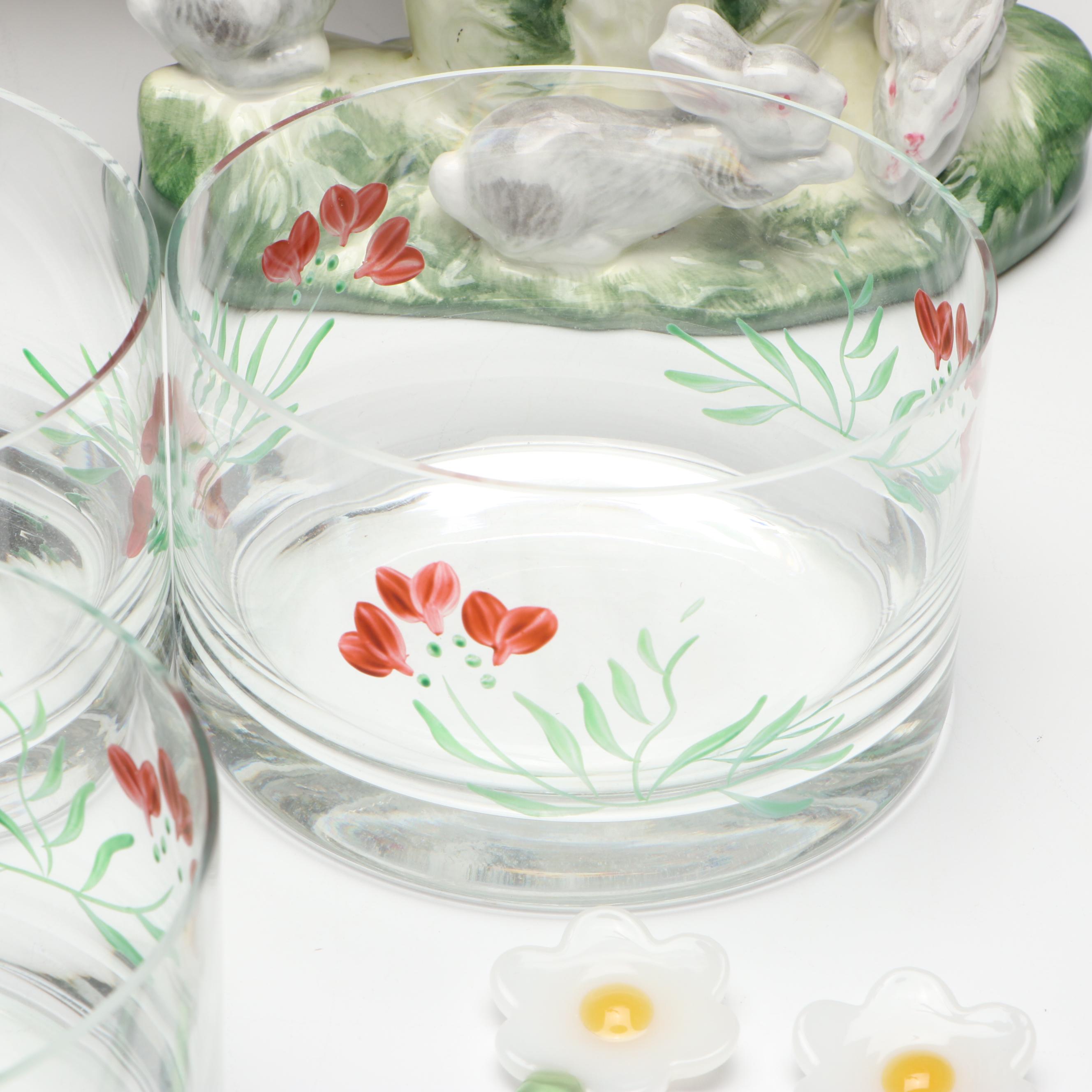 Hand-Painted Rabbit Planter with Artificial Daisy Bouquet and Other Décor