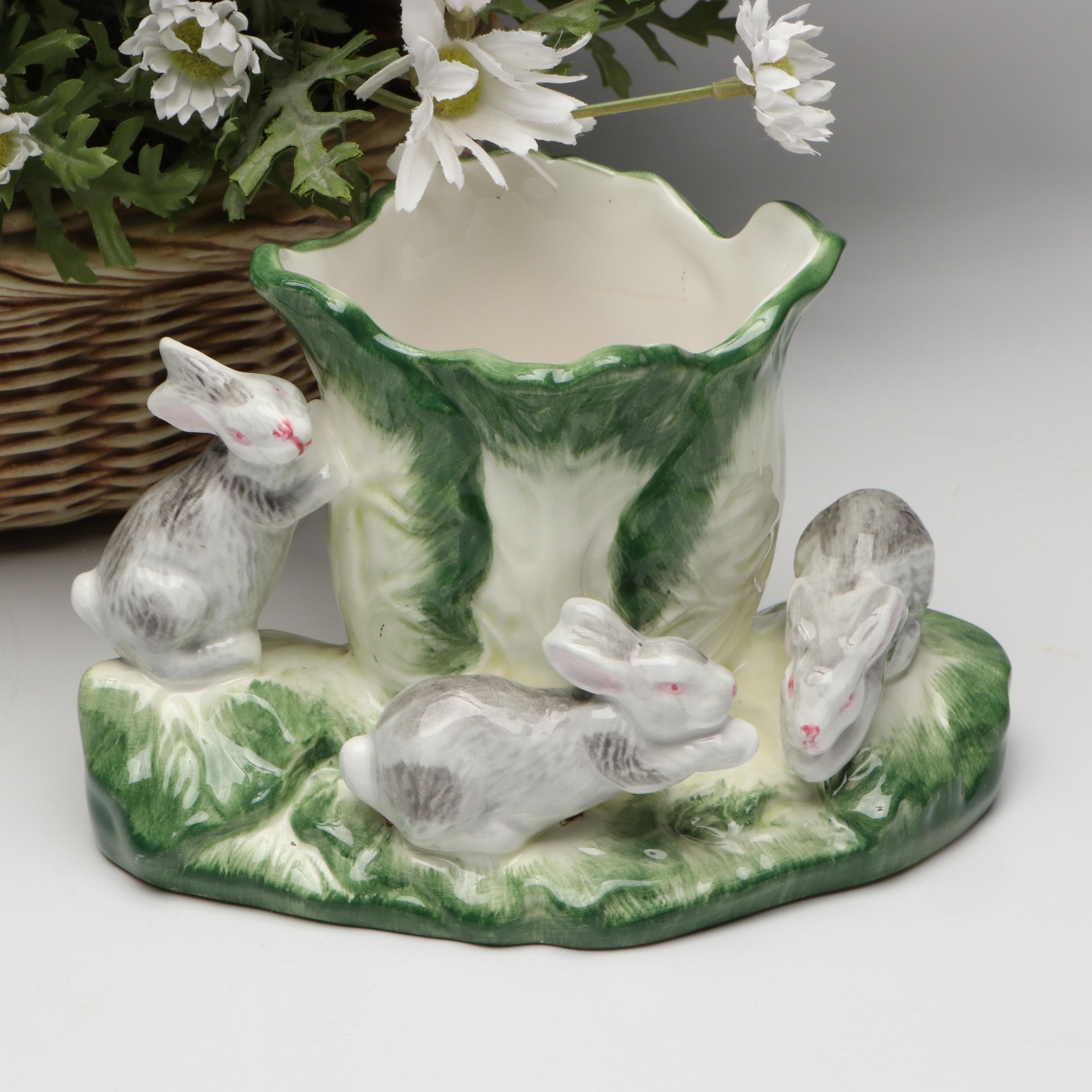 Hand-Painted Rabbit Planter with Artificial Daisy Bouquet and Other Décor