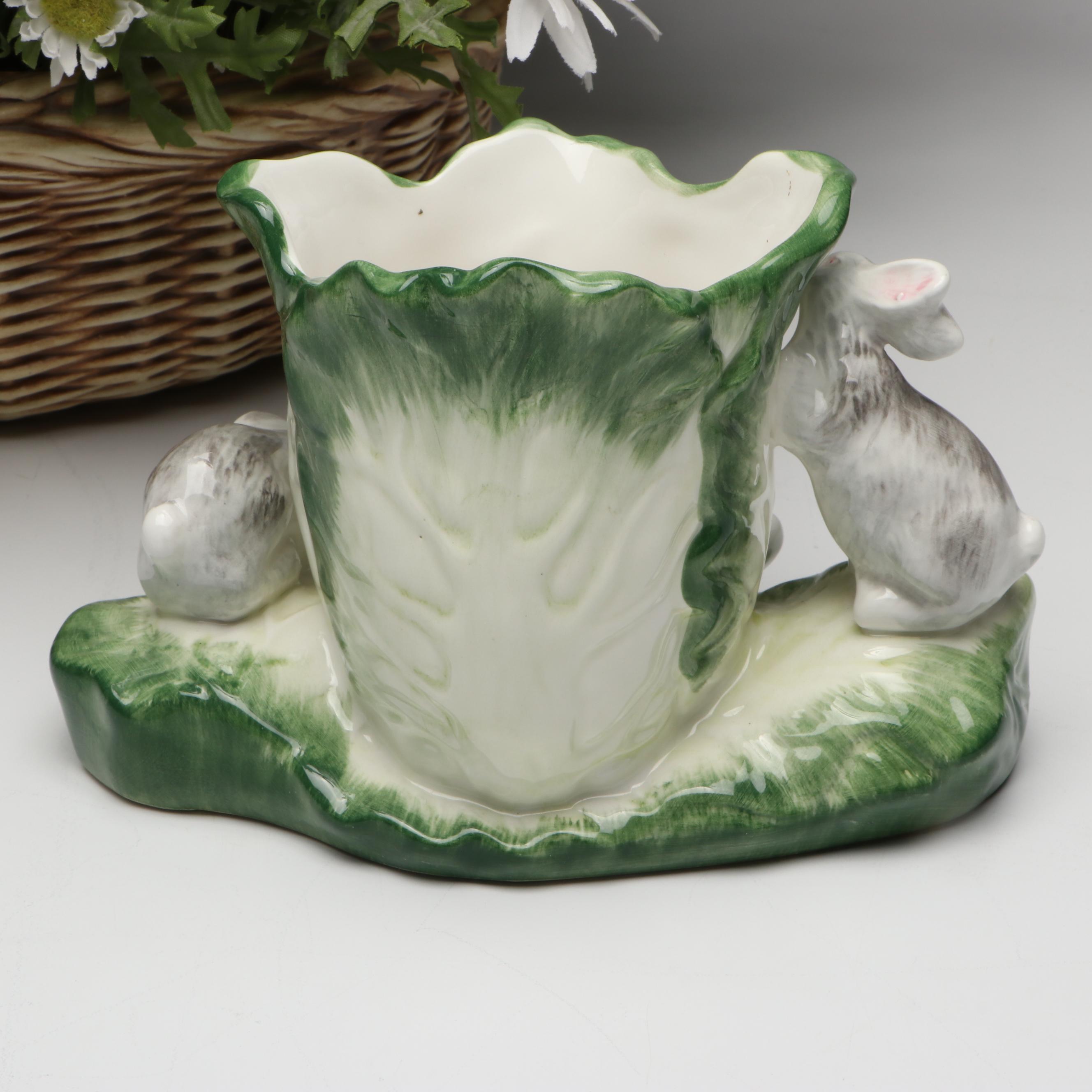 Hand-Painted Rabbit Planter with Artificial Daisy Bouquet and Other Décor