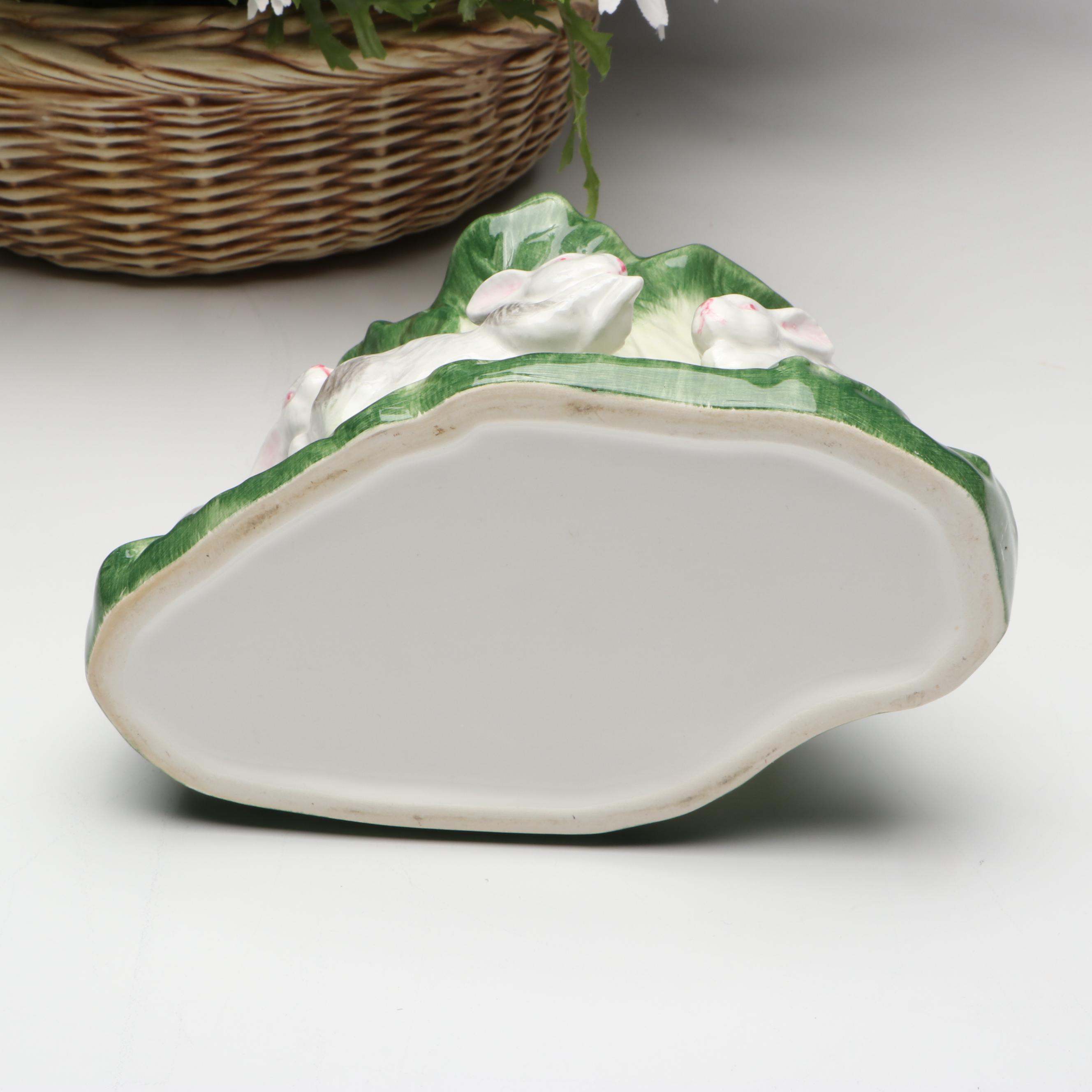 Hand-Painted Rabbit Planter with Artificial Daisy Bouquet and Other Décor