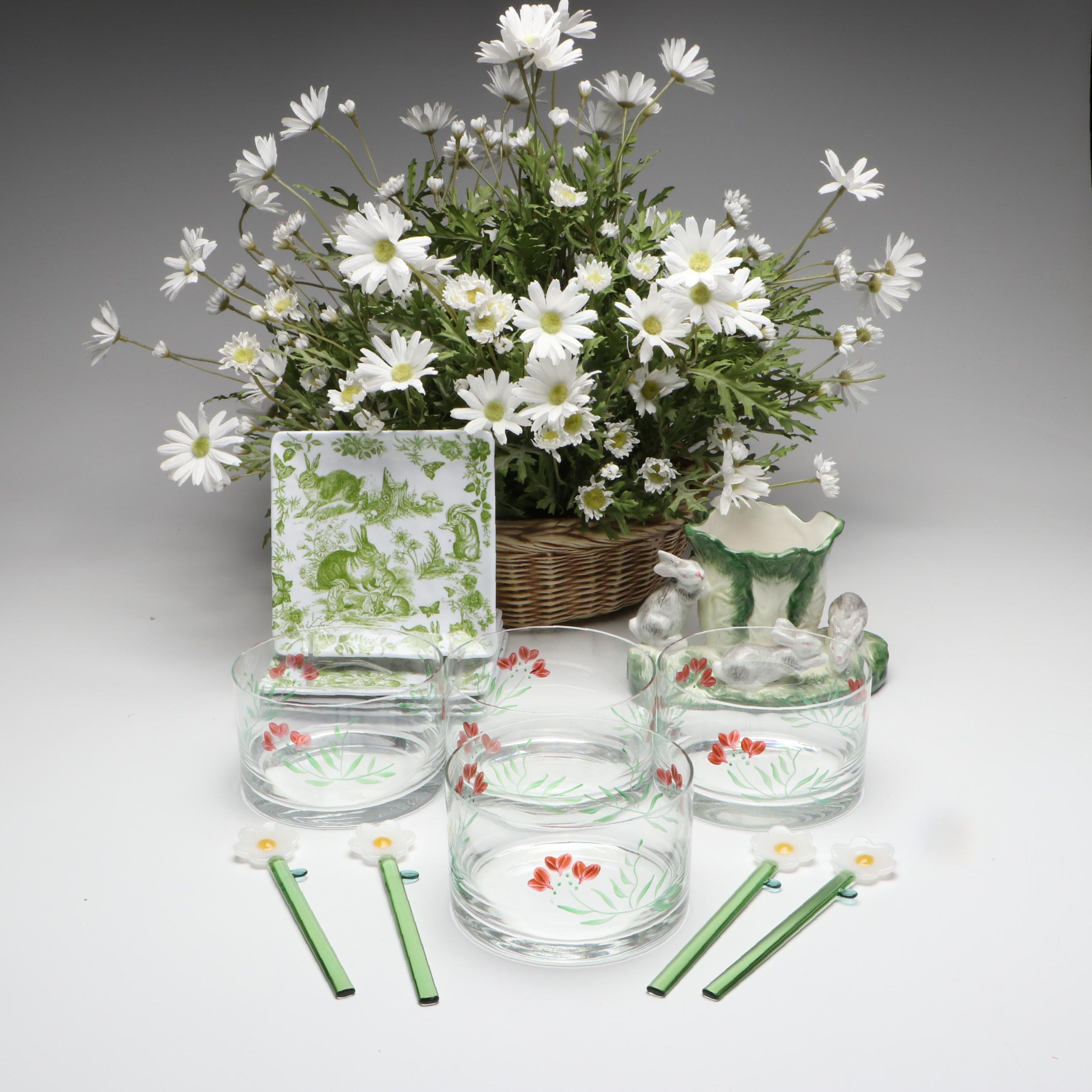 Hand-Painted Rabbit Planter with Artificial Daisy Bouquet and Other Décor