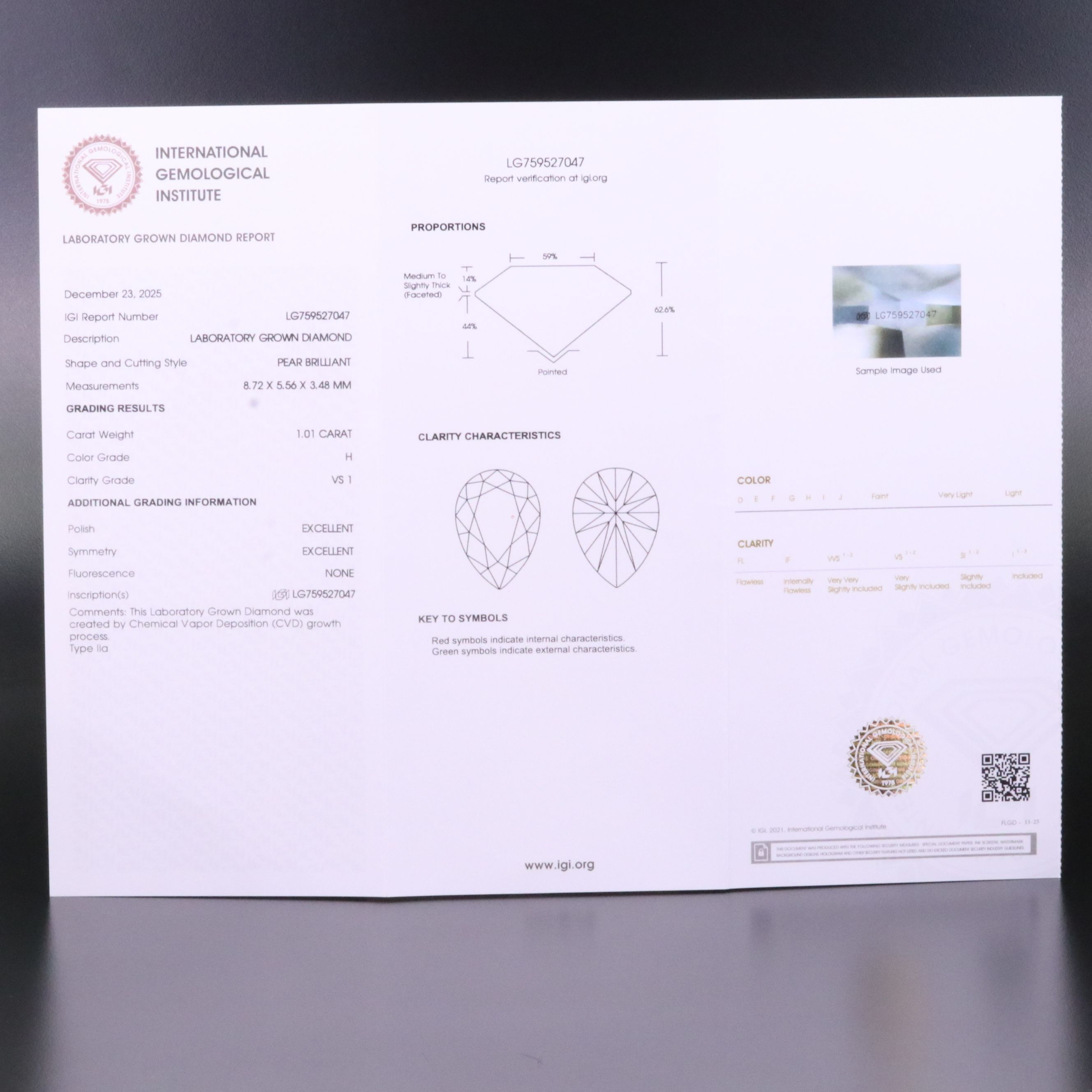 Loose 1.01 CT Lab Grown Diamond with IGI Report