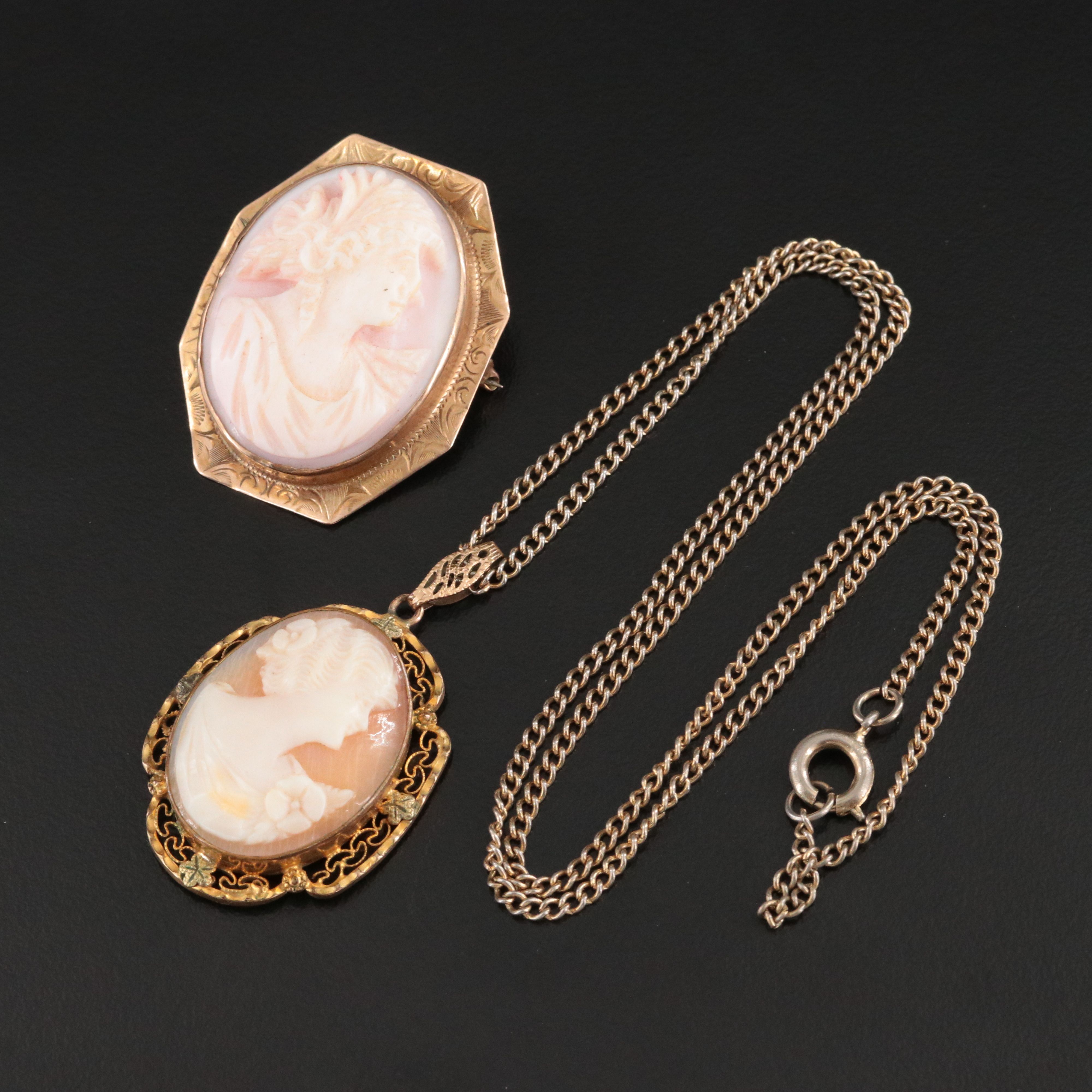 14K Shell Cameo Brooch with Shell Cameo Pendant Necklace