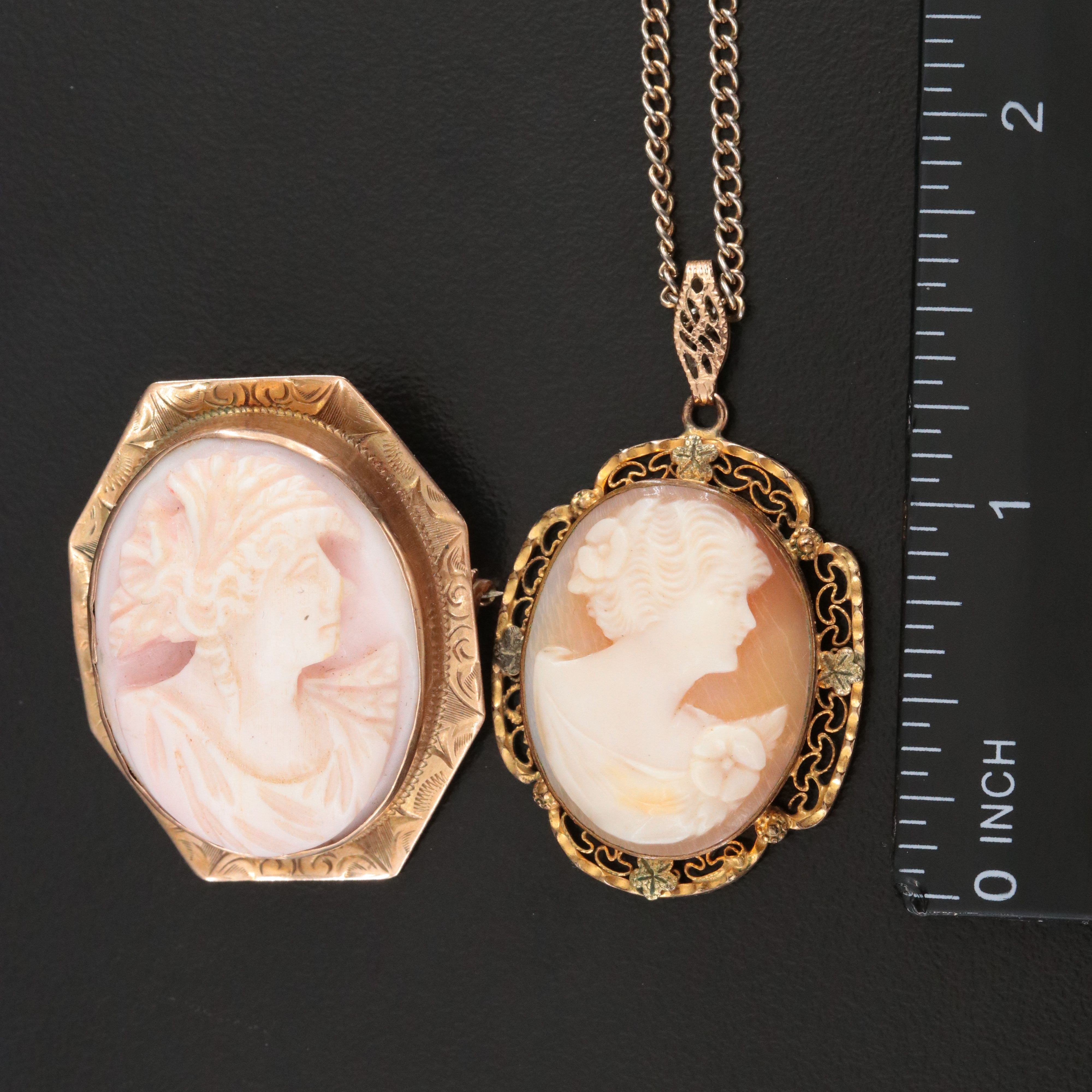 14K Shell Cameo Brooch with Shell Cameo Pendant Necklace