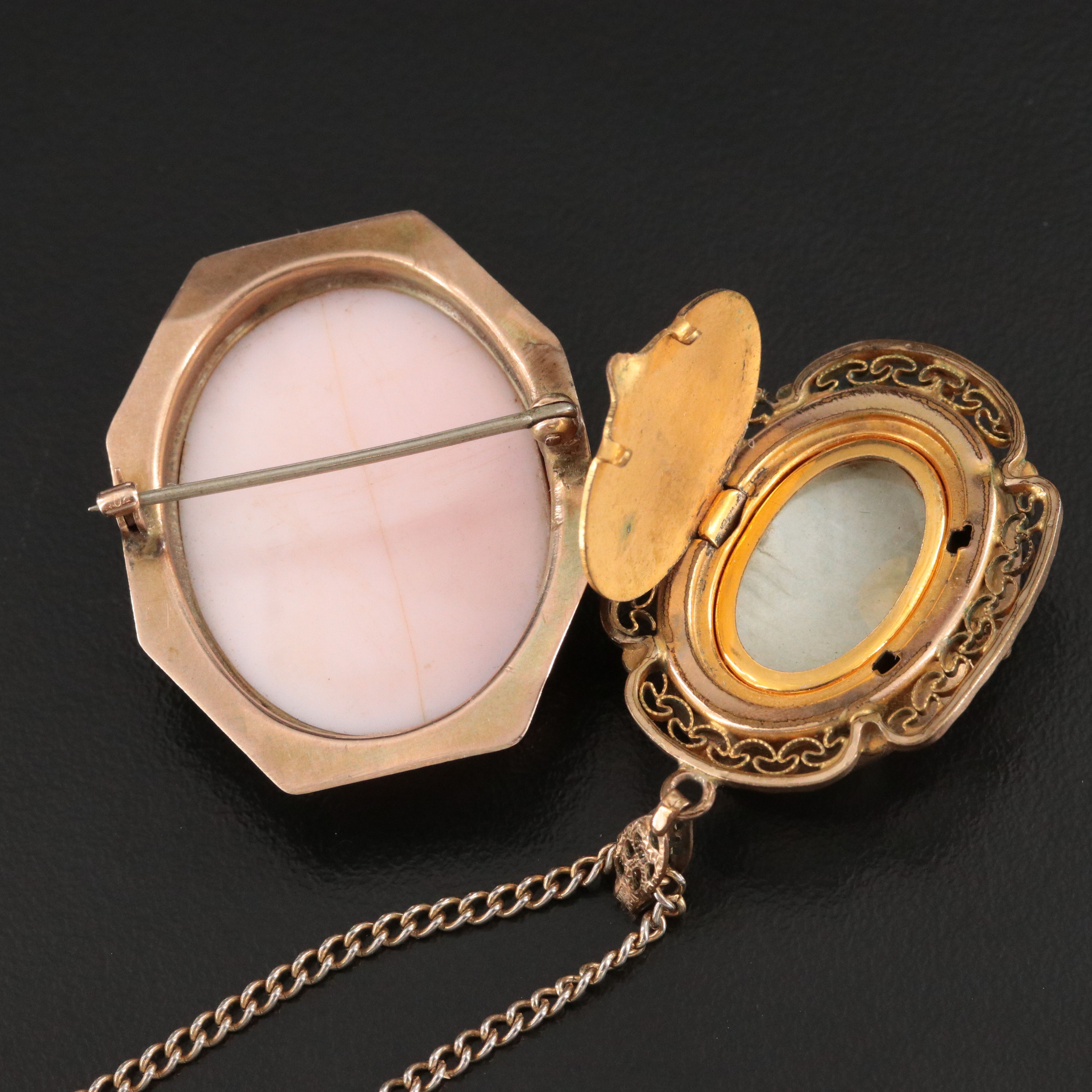14K Shell Cameo Brooch with Shell Cameo Pendant Necklace