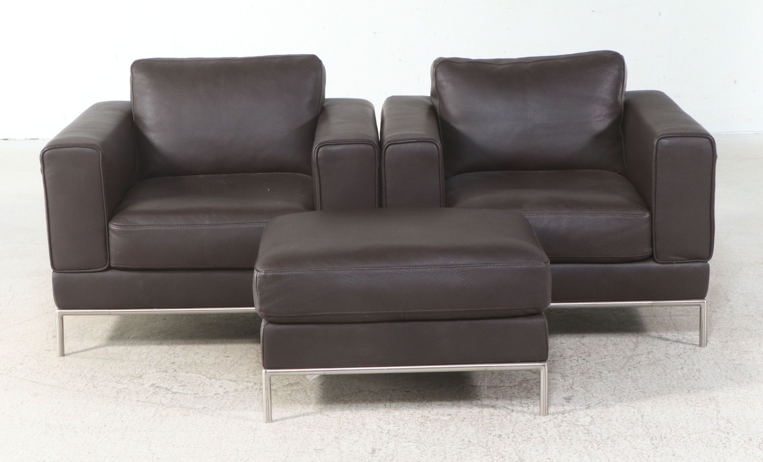 Pair of IKEA Modern Leather Armchairs with Ottoman