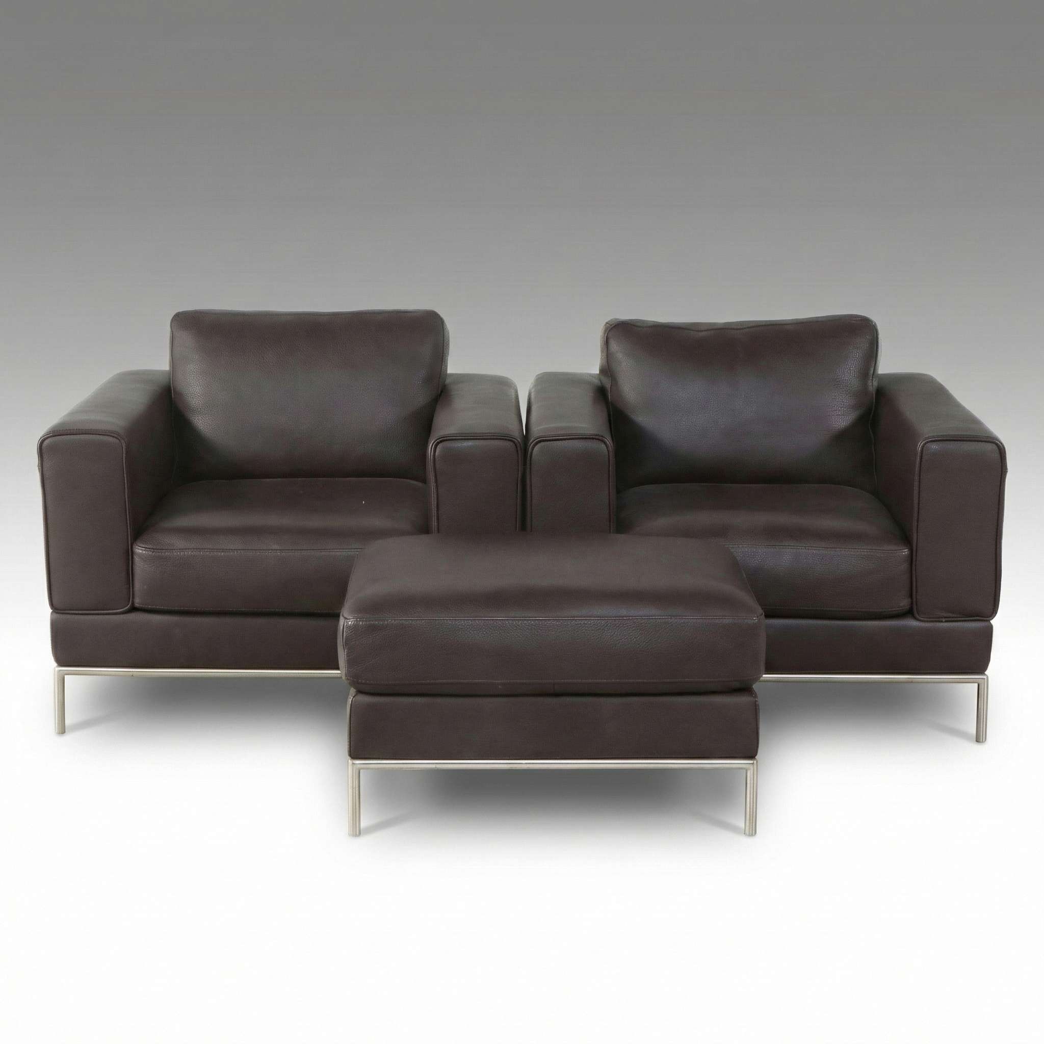 Pair of IKEA Modern Leather Armchairs with Ottoman