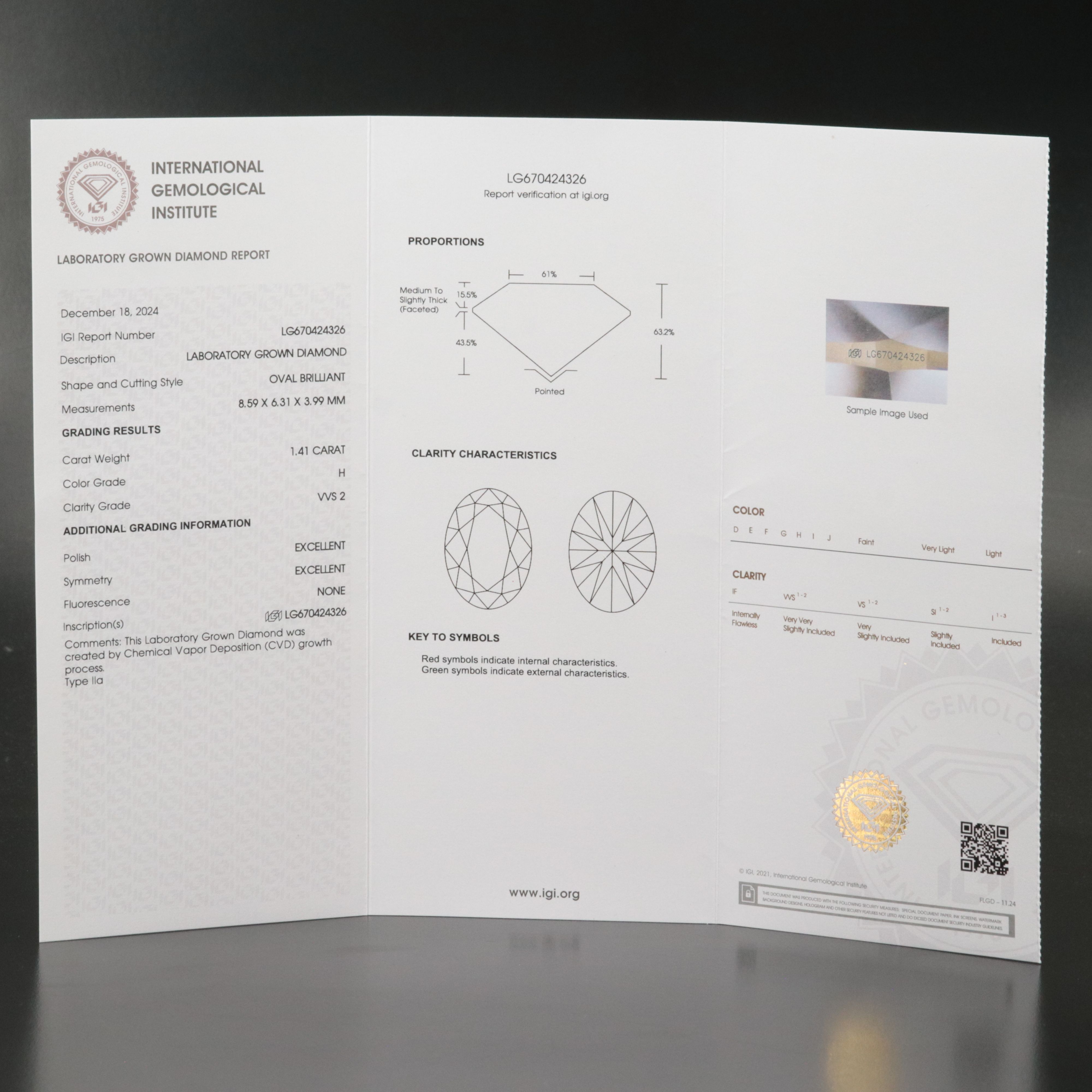 Loose 1.41 CT Lab Grown Diamond with IGI Report