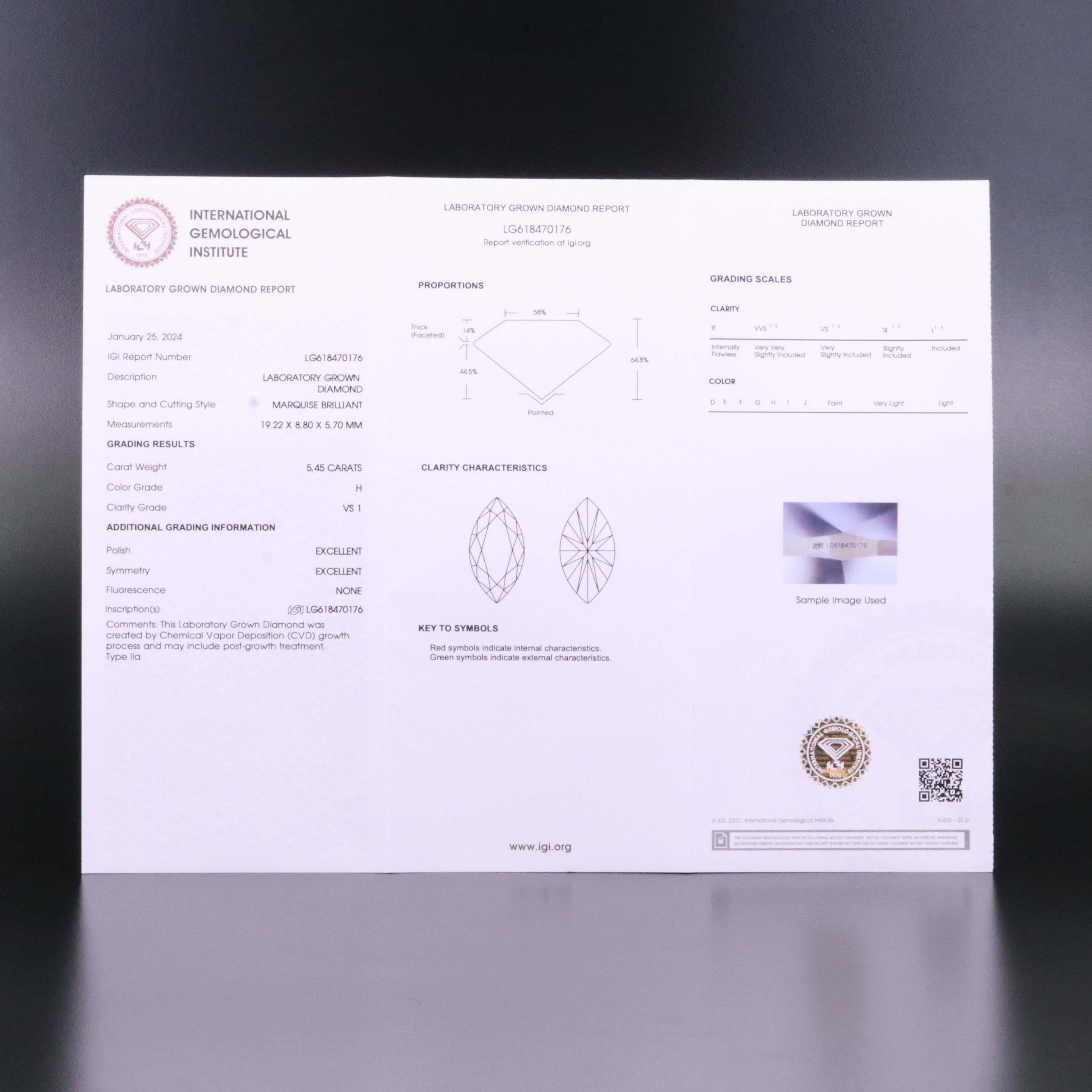 Loose 5.45 CT Lab Grown Diamond with IGI Report