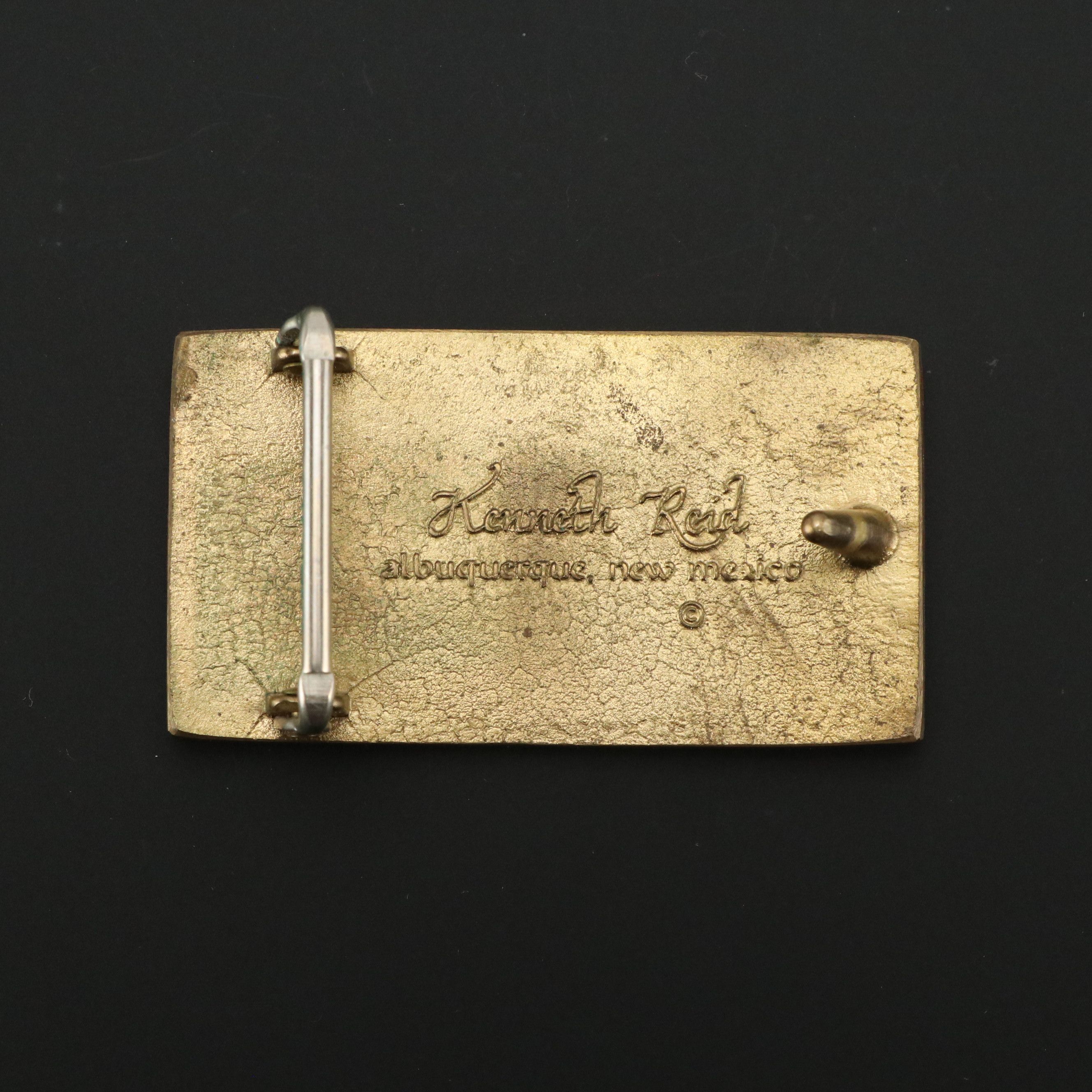 Kenneth Reid of Albuquerque, New Mexico Mountain Motif Wood Inlay Brass Buckle