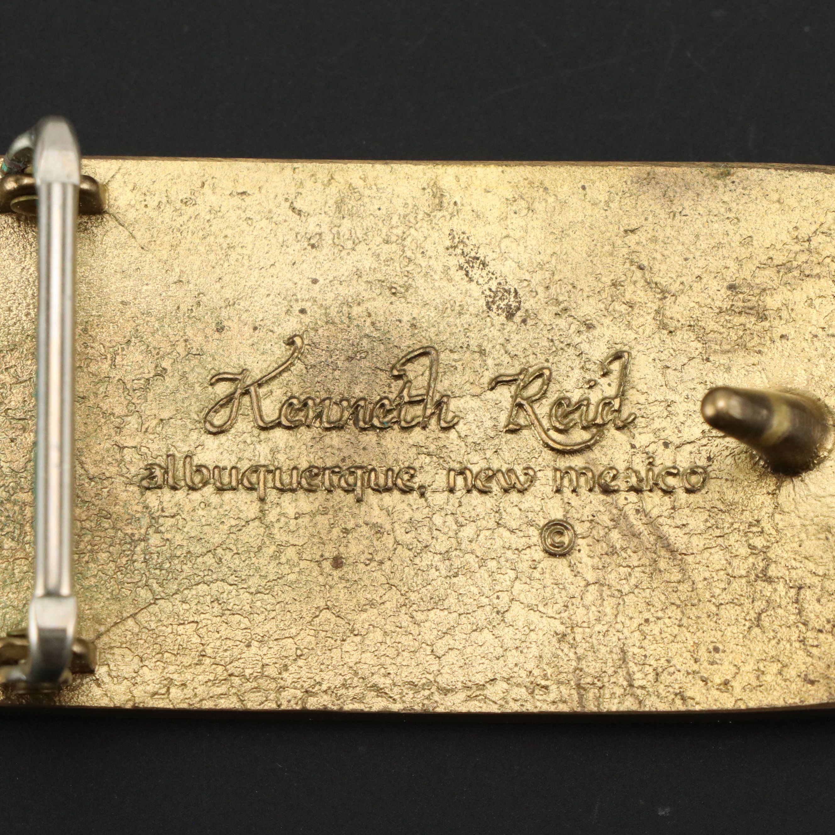 Kenneth Reid of Albuquerque, New Mexico Mountain Motif Wood Inlay Brass Buckle