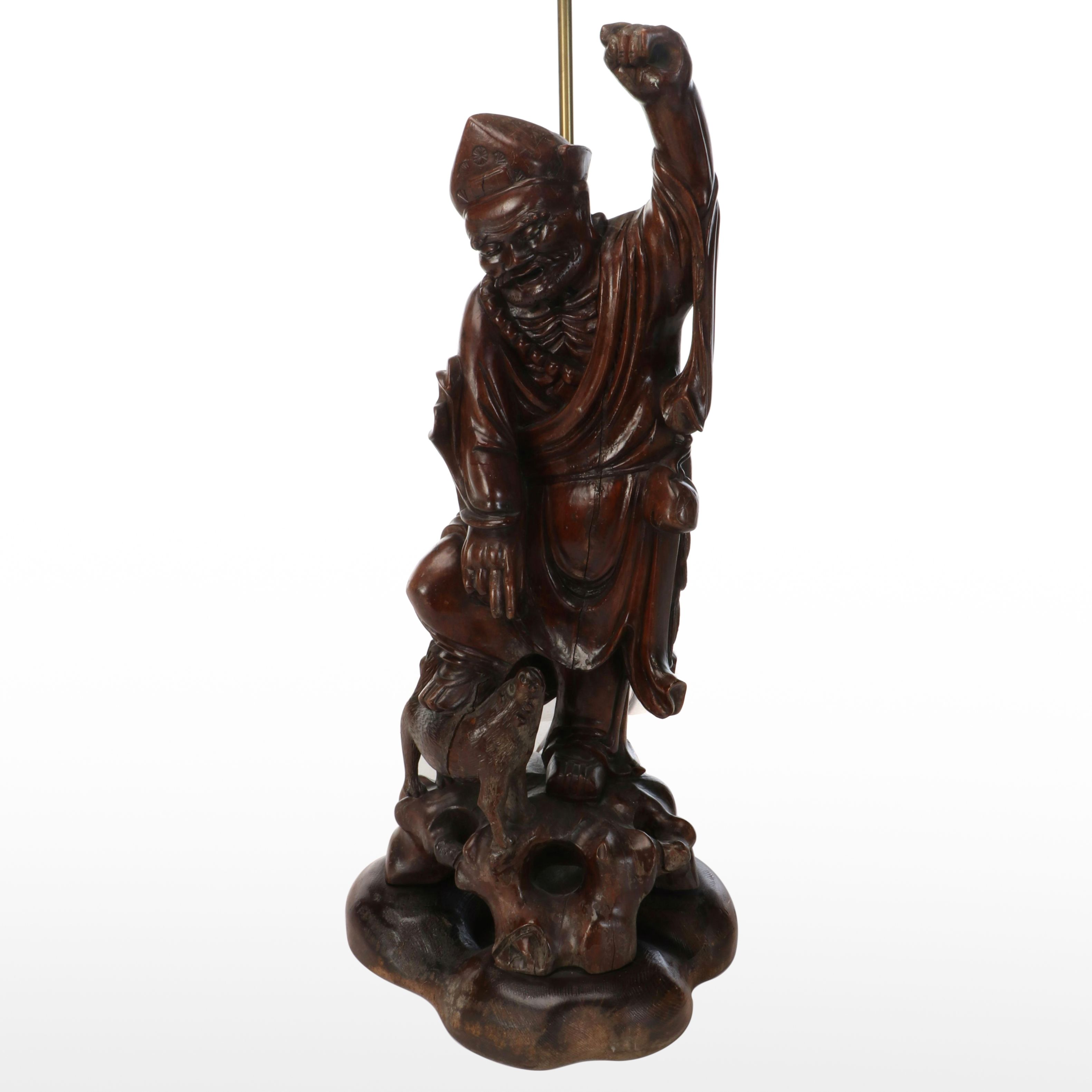 Chinese Hand-Carved Rootwood Figural Table Lamp