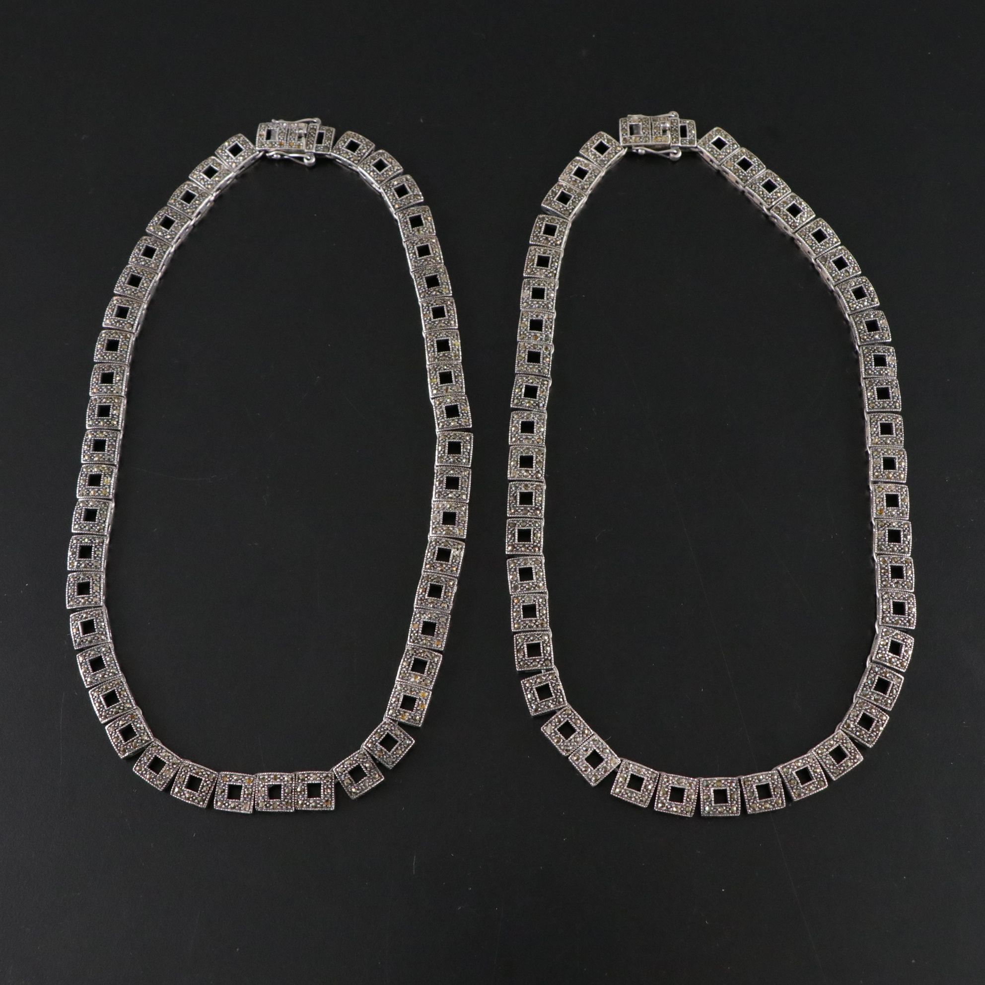 Art Deco Style Sterling Silver Pair of Geometric Link Chain Necklaces