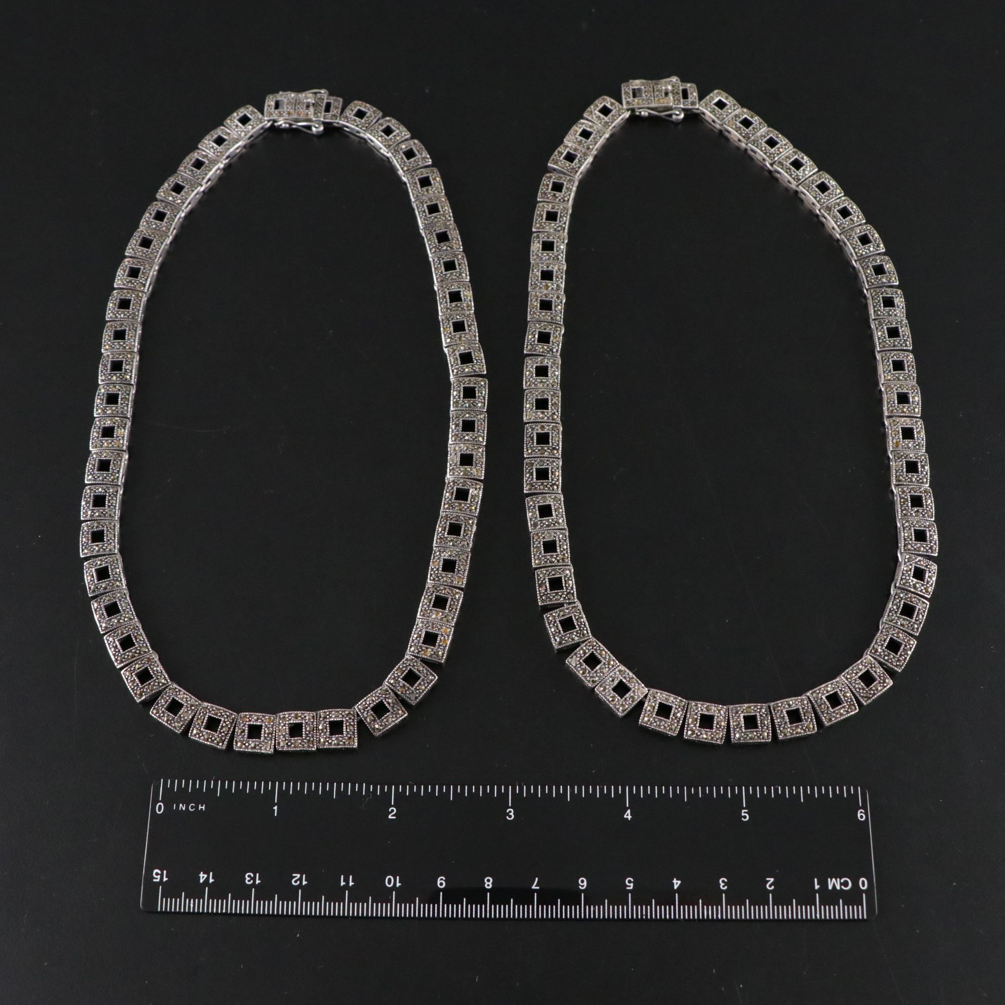 Art Deco Style Sterling Silver Pair of Geometric Link Chain Necklaces