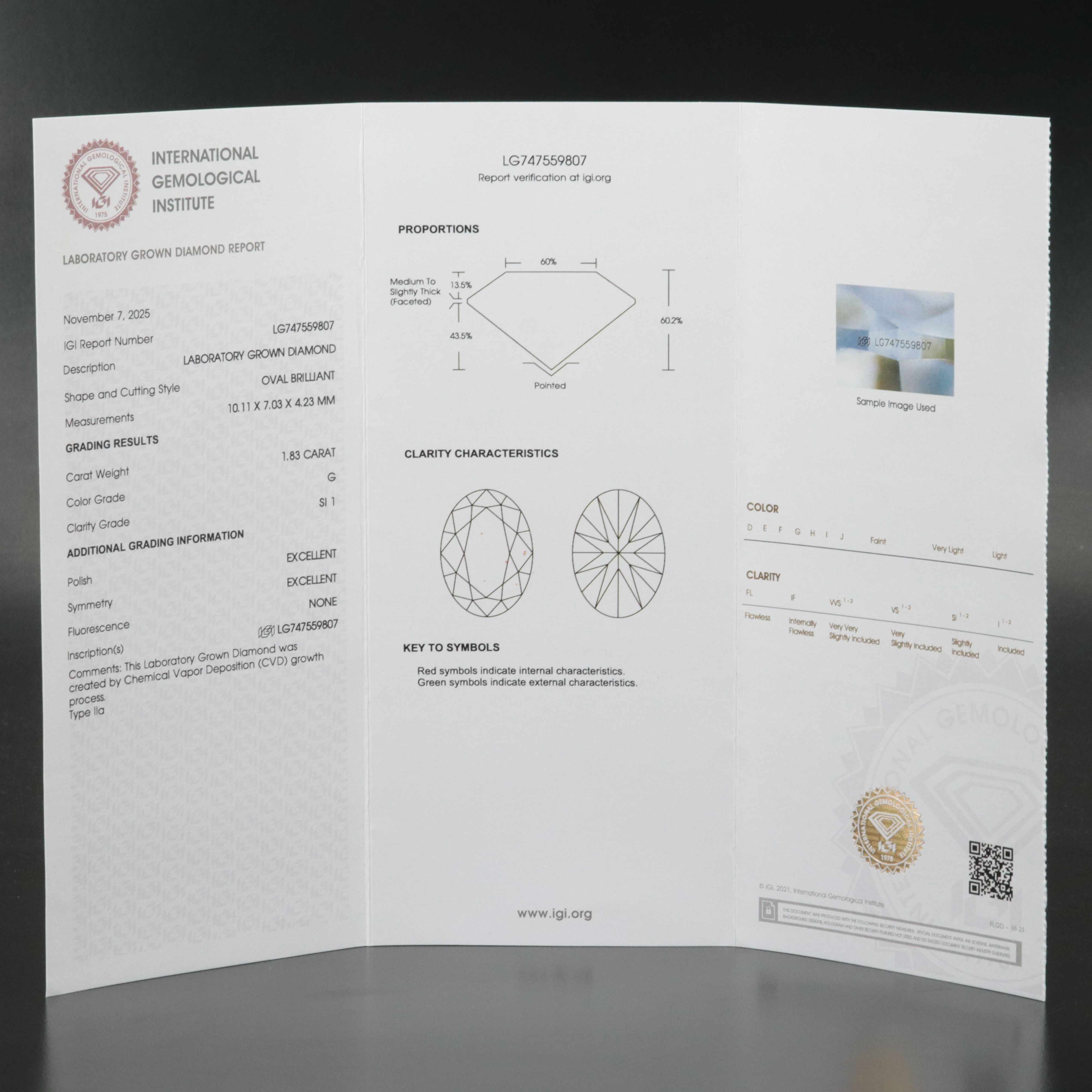 Loose 1.83 CT Lab Grown Diamond with IGI Report