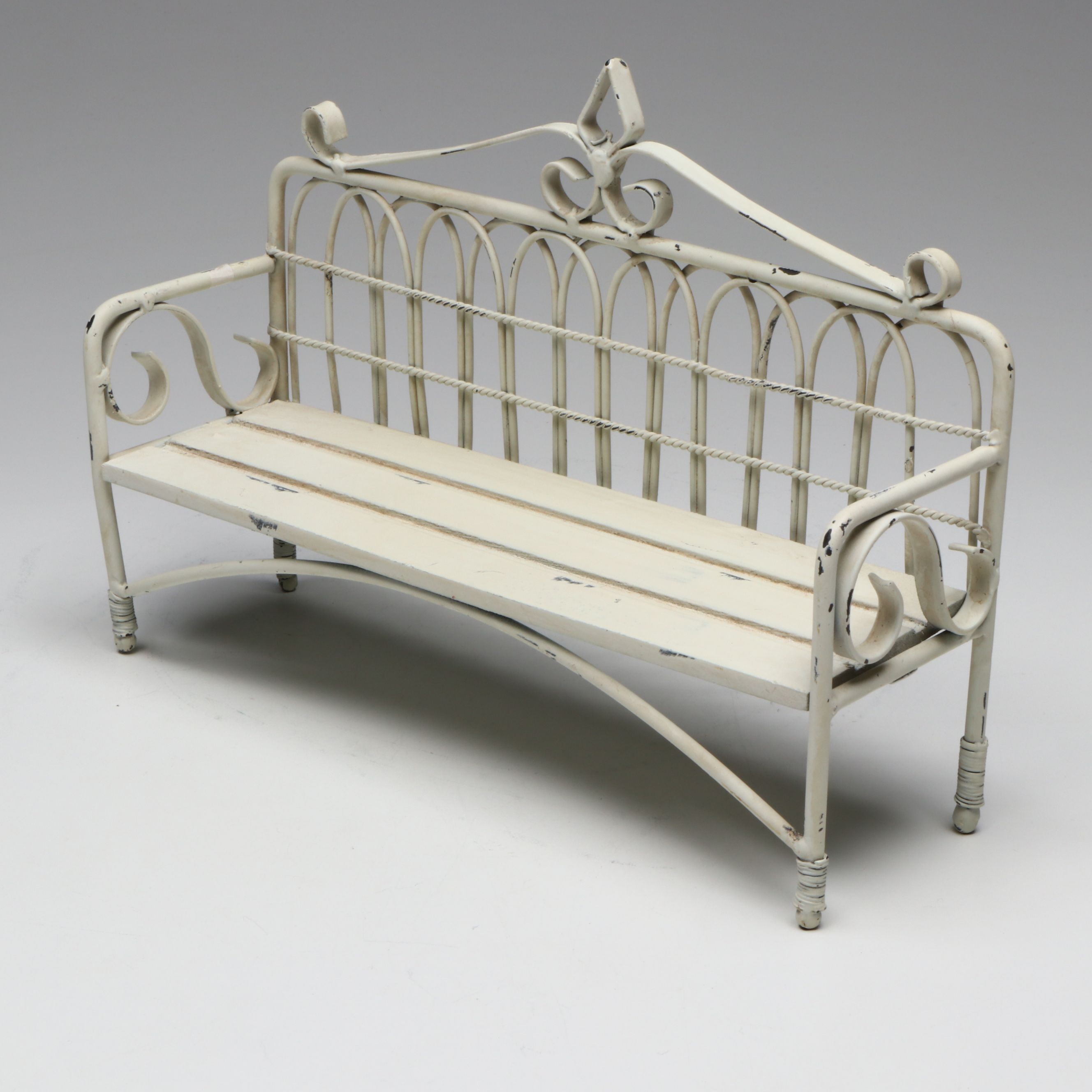 Doll-Size Wrought Metal Garden Bench with Other Bench and Cushioned Doll Chairs