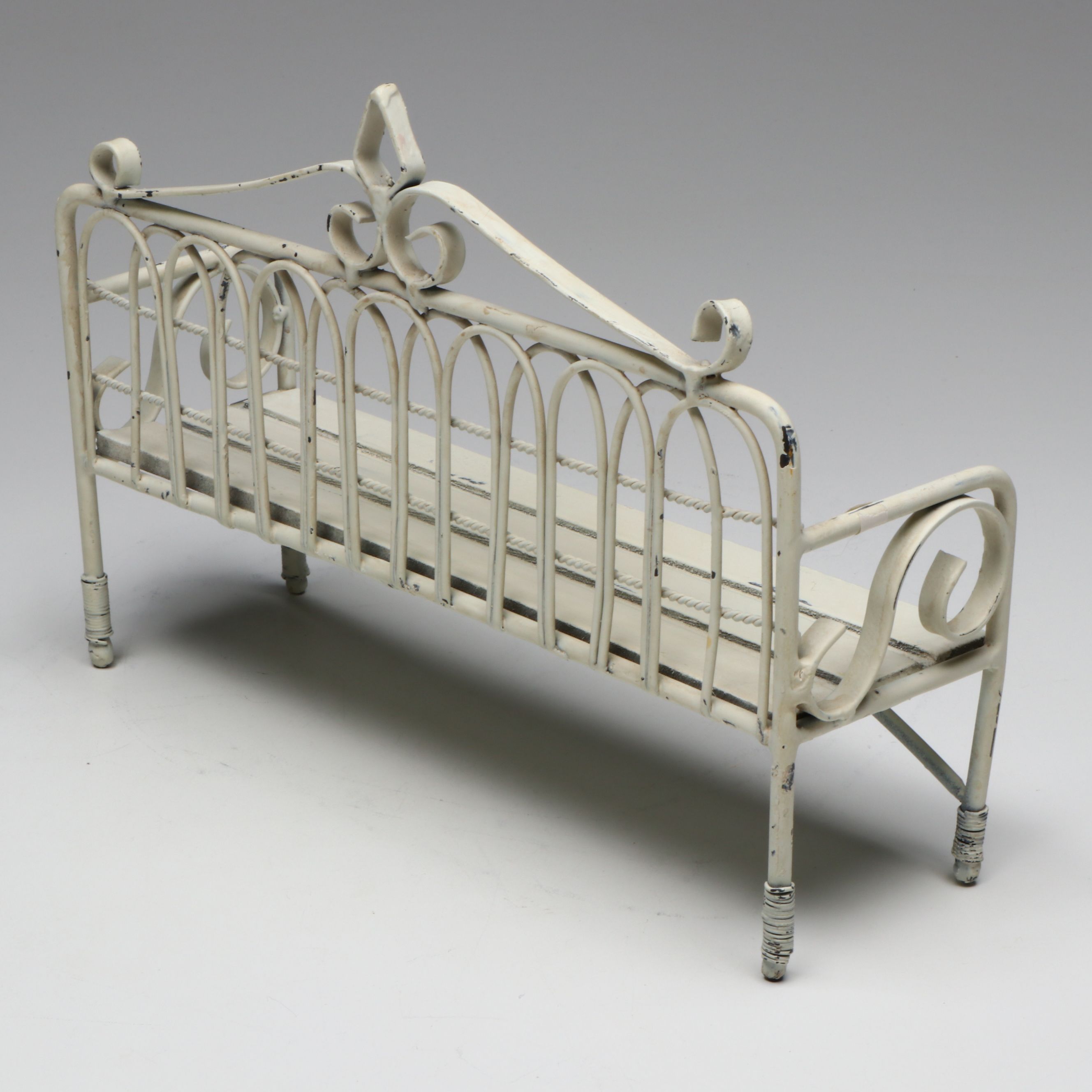 Doll-Size Wrought Metal Garden Bench with Other Bench and Cushioned Doll Chairs