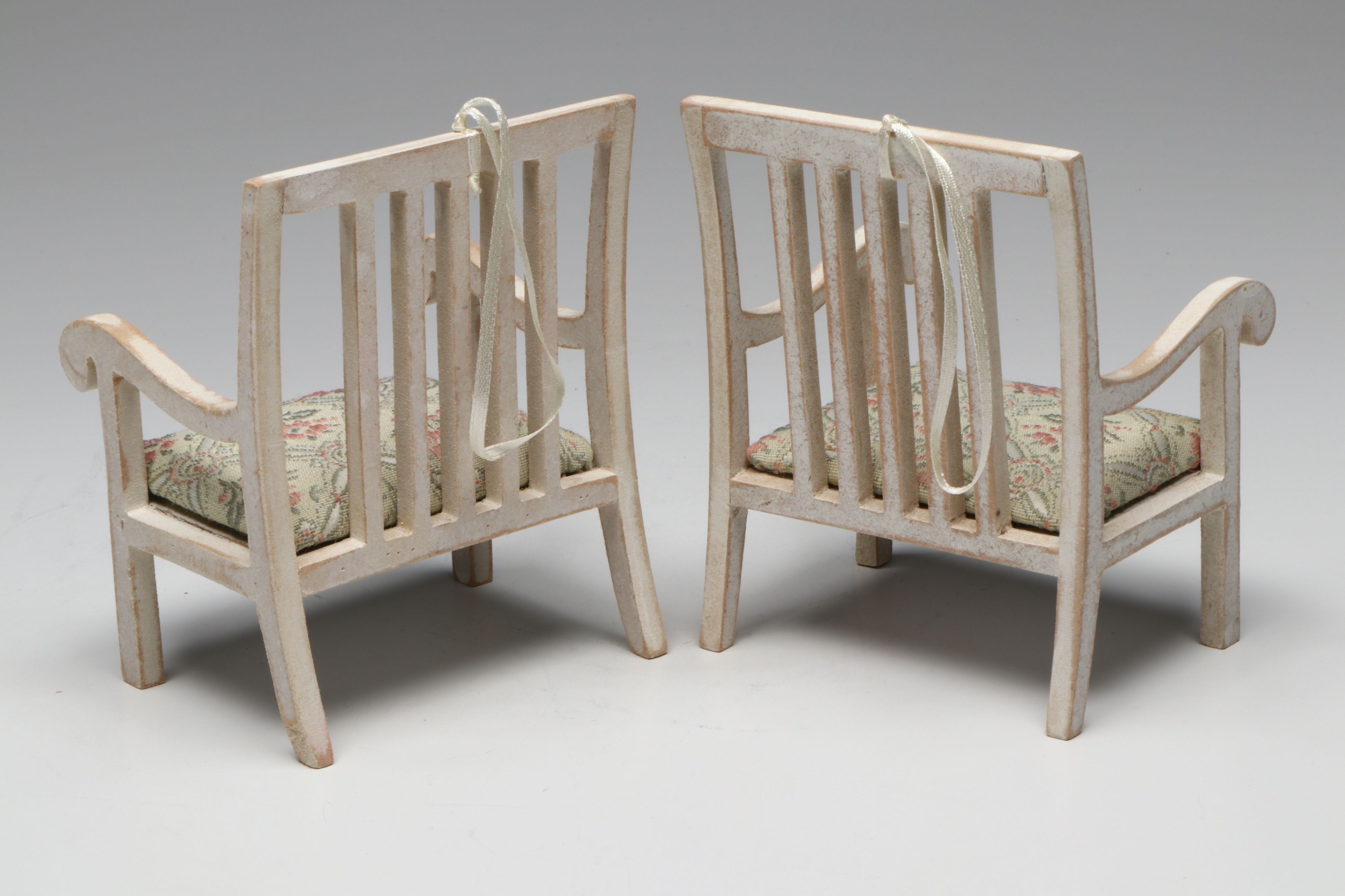 Doll-Size Wrought Metal Garden Bench with Other Bench and Cushioned Doll Chairs