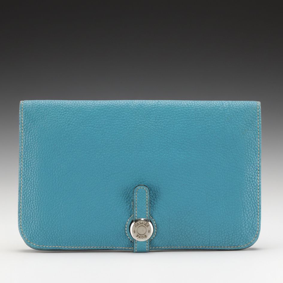 Hermès Dogon Duo GM Bifold Wallet in Blue Courchevel Leather