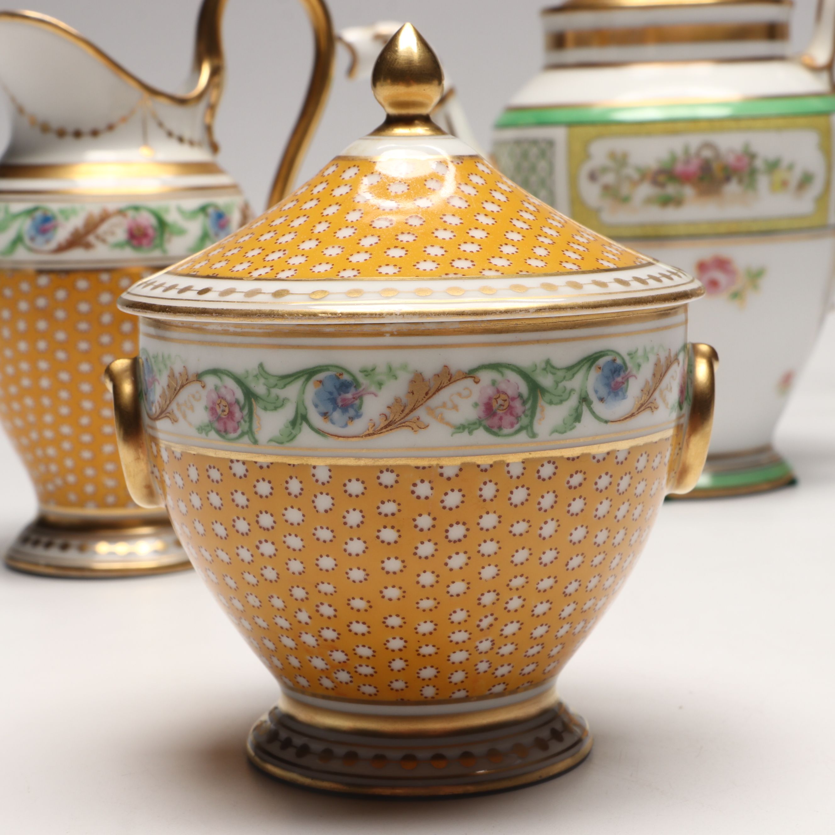 Ginori Gold Gilt Floral Porcelain Teapots with Creamer and Sugar