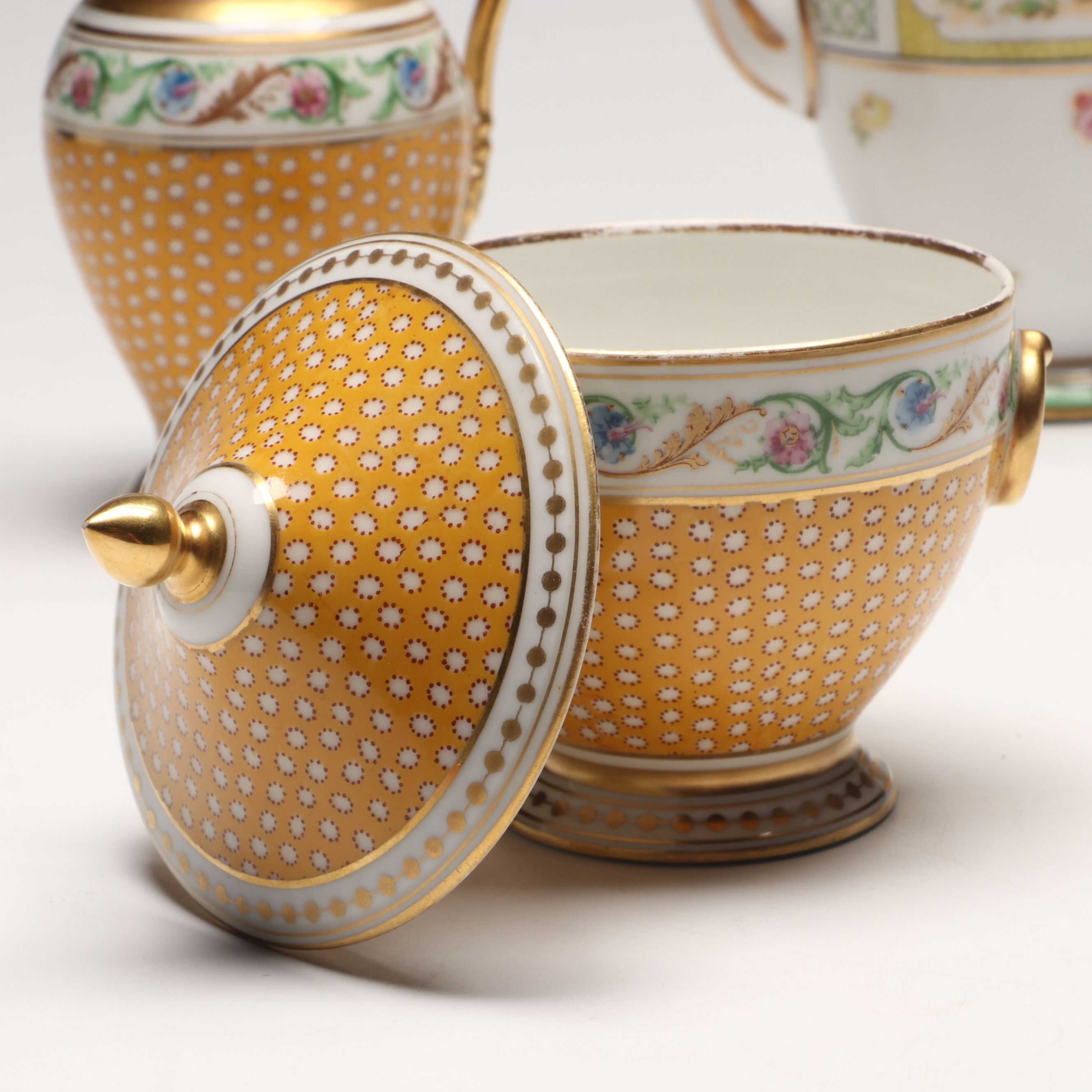 Ginori Gold Gilt Floral Porcelain Teapots with Creamer and Sugar