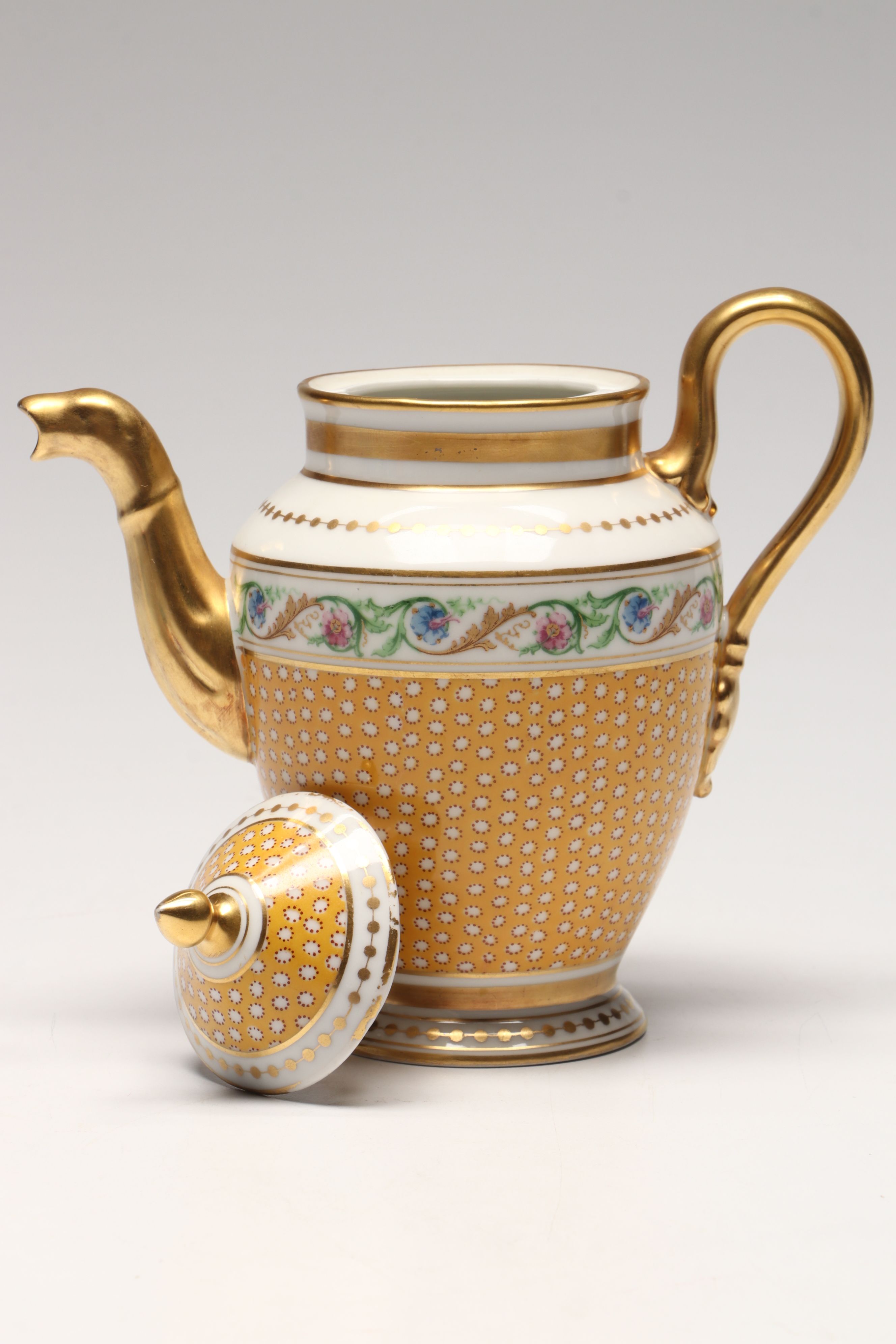 Ginori Gold Gilt Floral Porcelain Teapots with Creamer and Sugar