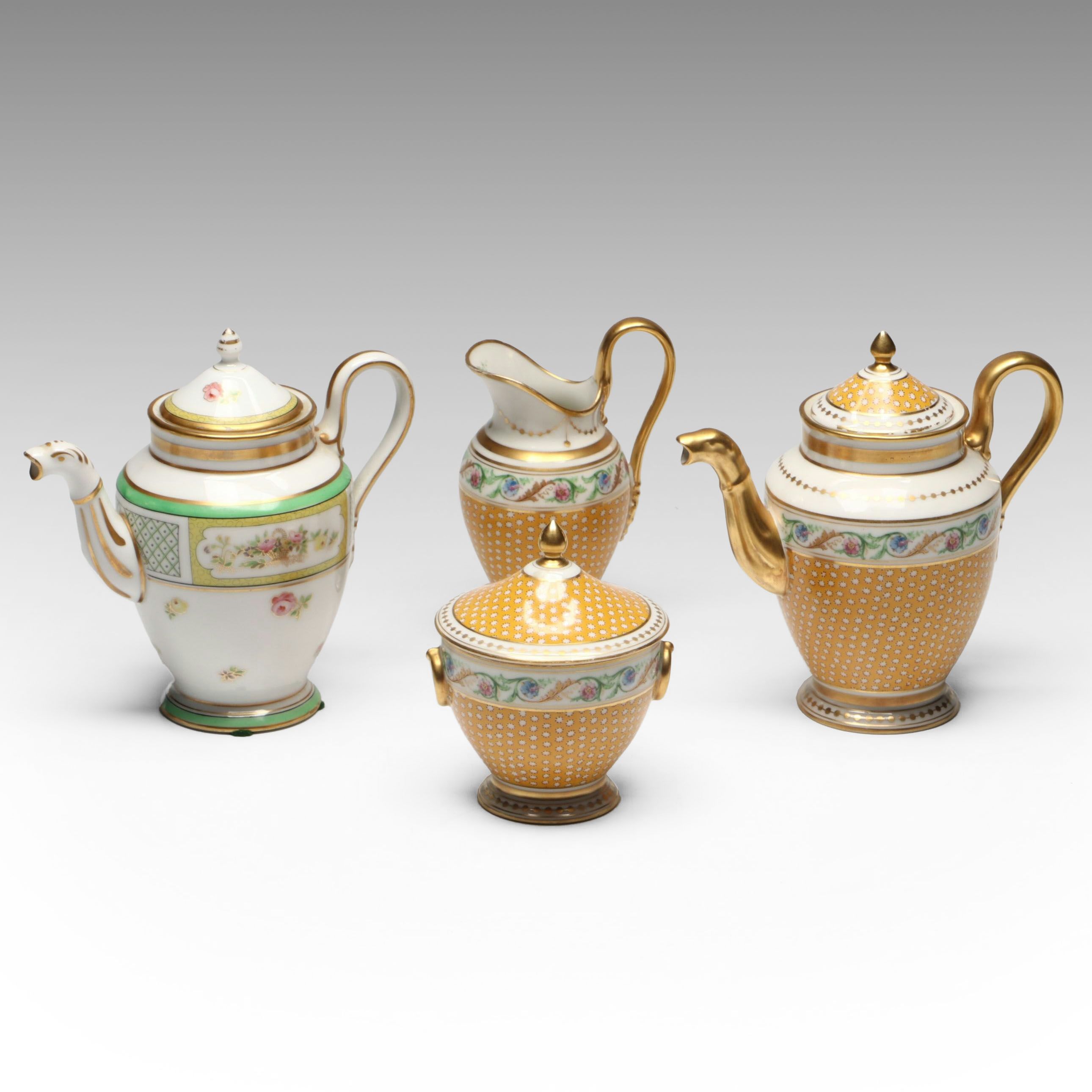 Ginori Gold Gilt Floral Porcelain Teapots with Creamer and Sugar