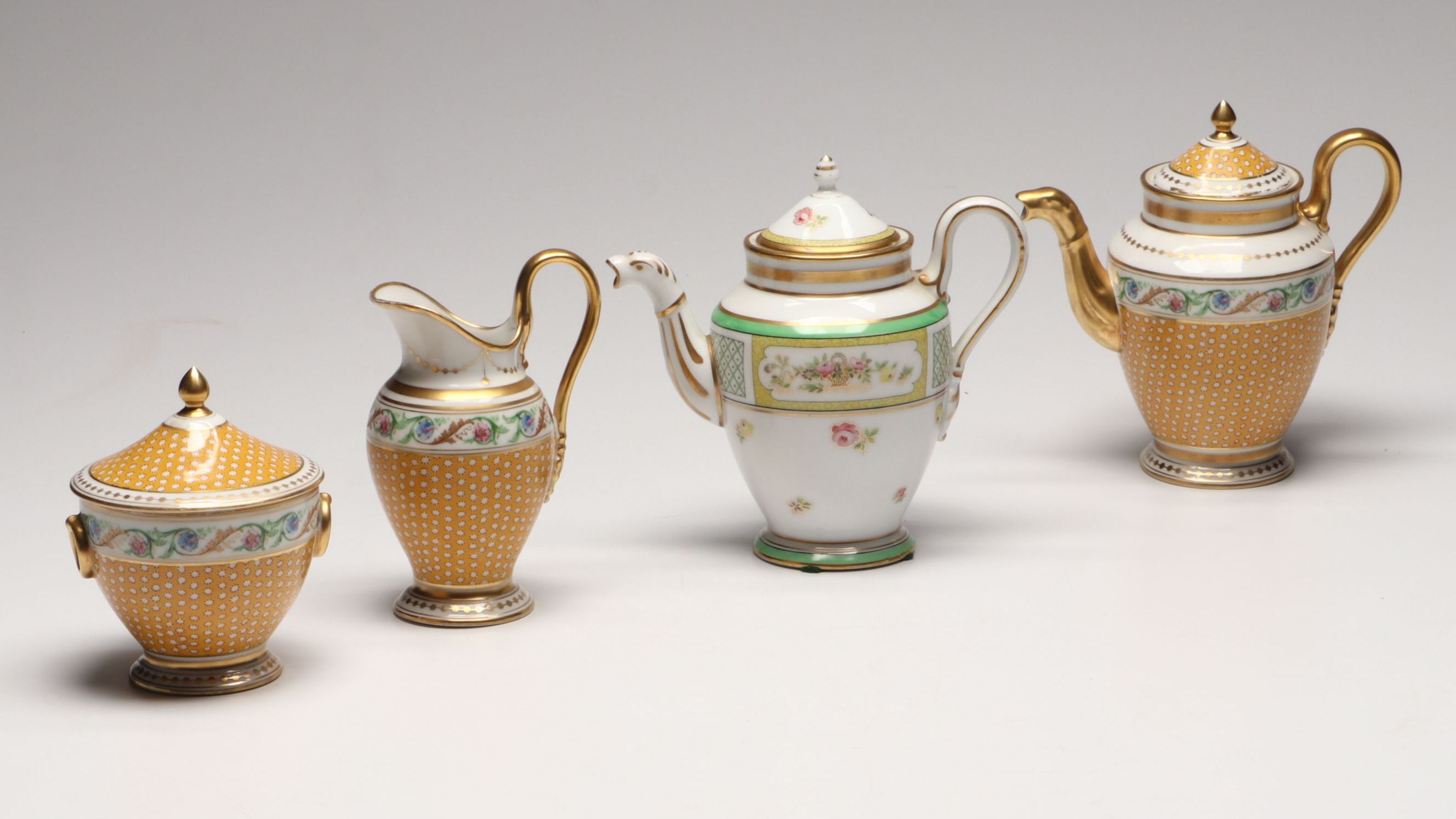 Ginori Gold Gilt Floral Porcelain Teapots with Creamer and Sugar