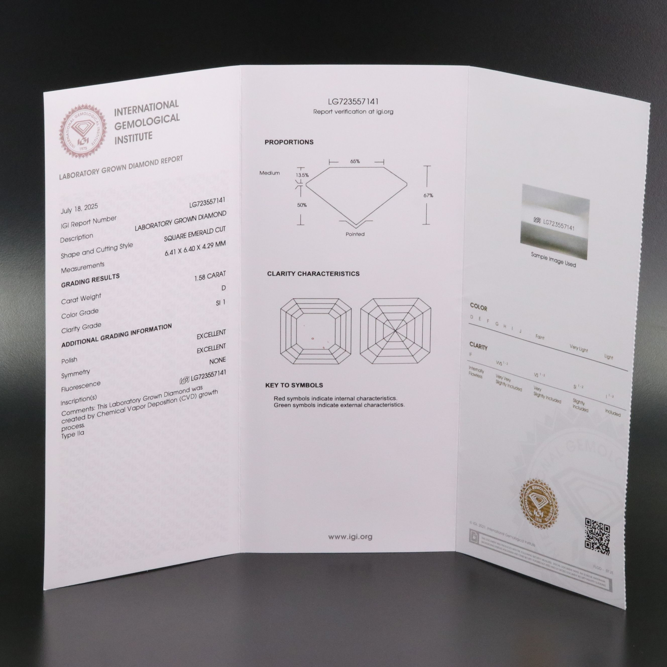 Loose 1.58 CT Lab Grown Diamond with IGI Report1.58.