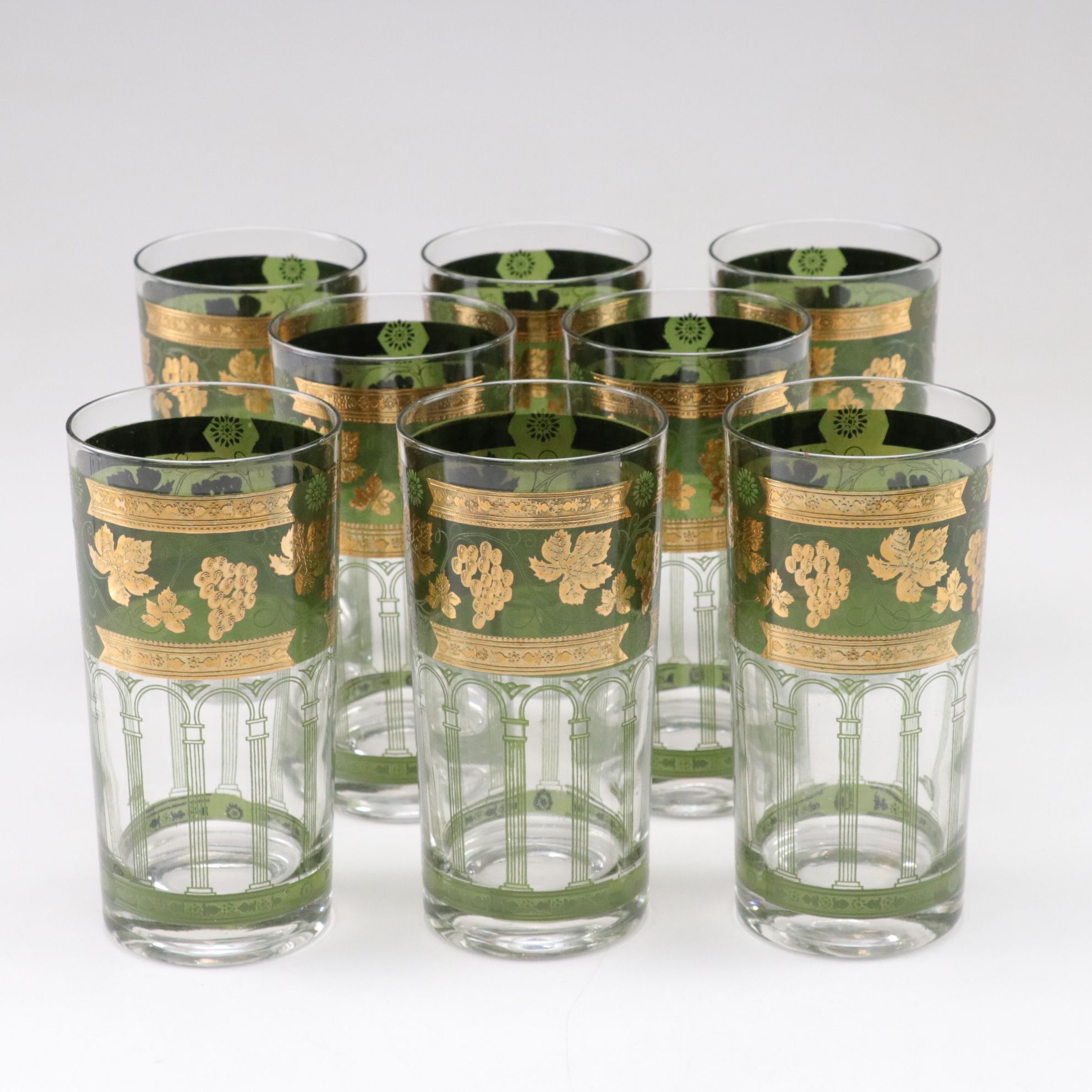Mid Century Modern Cera Glass "Golden Grapes Green" Highball Glasses